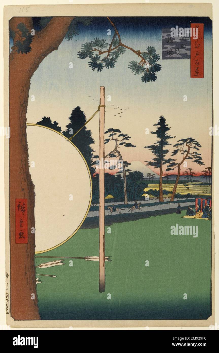 Takata Riding Grounds, N. 115 da cento famose vedute di Edo Utagawa Hiroshige (Ando) (Giapponese, 1797-1858). Takata Riding Grounds, n° 115 da cento famose vedute di Edo, 2nd mese del 1857. Stampa in blocco di legno, foglio: 14 3/16 x 9 1/4 poll. (36,0 x 23,5 cm);. Questa scena ritrae i ritegni samurai che praticano abilità militari presso il centro di equitazione Takata, nella periferia collinare nord-occidentale di Edo. Ci ricorda che metà della popolazione di Edo consisteva in una classe guerriera ereditaria che, anche dopo più di due secoli di pace, si aspettava ancora di mantenere le sue capacità militari. Il pr Foto Stock