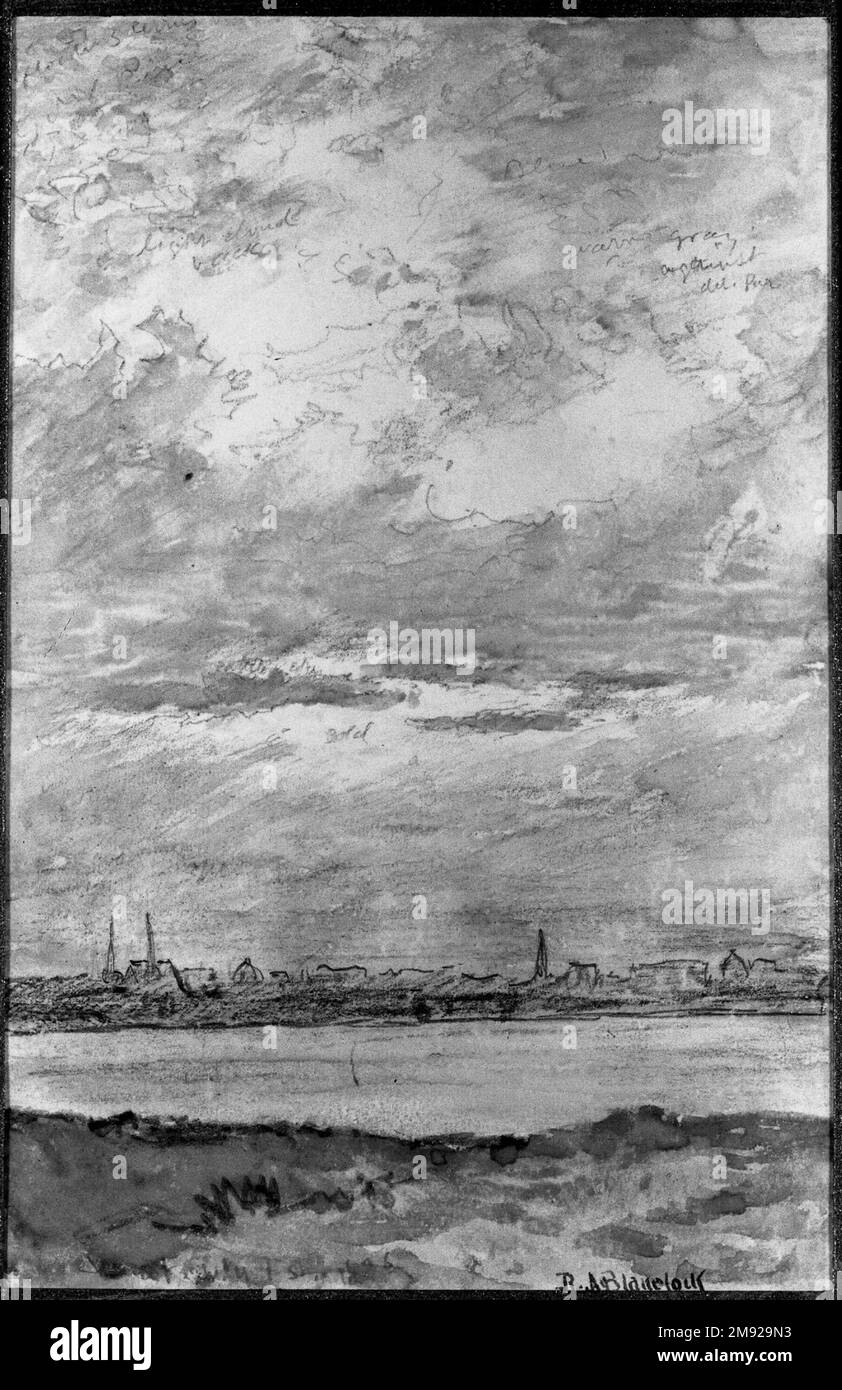 Sunset Ralph Albert Blakelock (americano, 1847-1919). Tramonto, 1 luglio 1876. Acquerelli trasparenti e opachi e grafite su carta color crema, 6 1/2 x 4 1/4 pollici (16,5 x 10,8 cm). Anche se Blakelock è meglio conosciuto per i suoi eccentrici paesaggi illuminati dalla luna, ha fatto pratica di schizzi convenzionali come i pittori della Hudson River School. In questo foglio strappato da un libro di schizzo, l'artista ha catturato la composizione generale a matita, probabilmente in aria plein, e poi dipinto sopra lo schizzo iniziale. I suoi contorni a matita e le note descrittive, come "grigio caldo" e "cirrus fluttuante", sono ancora di fronte Foto Stock