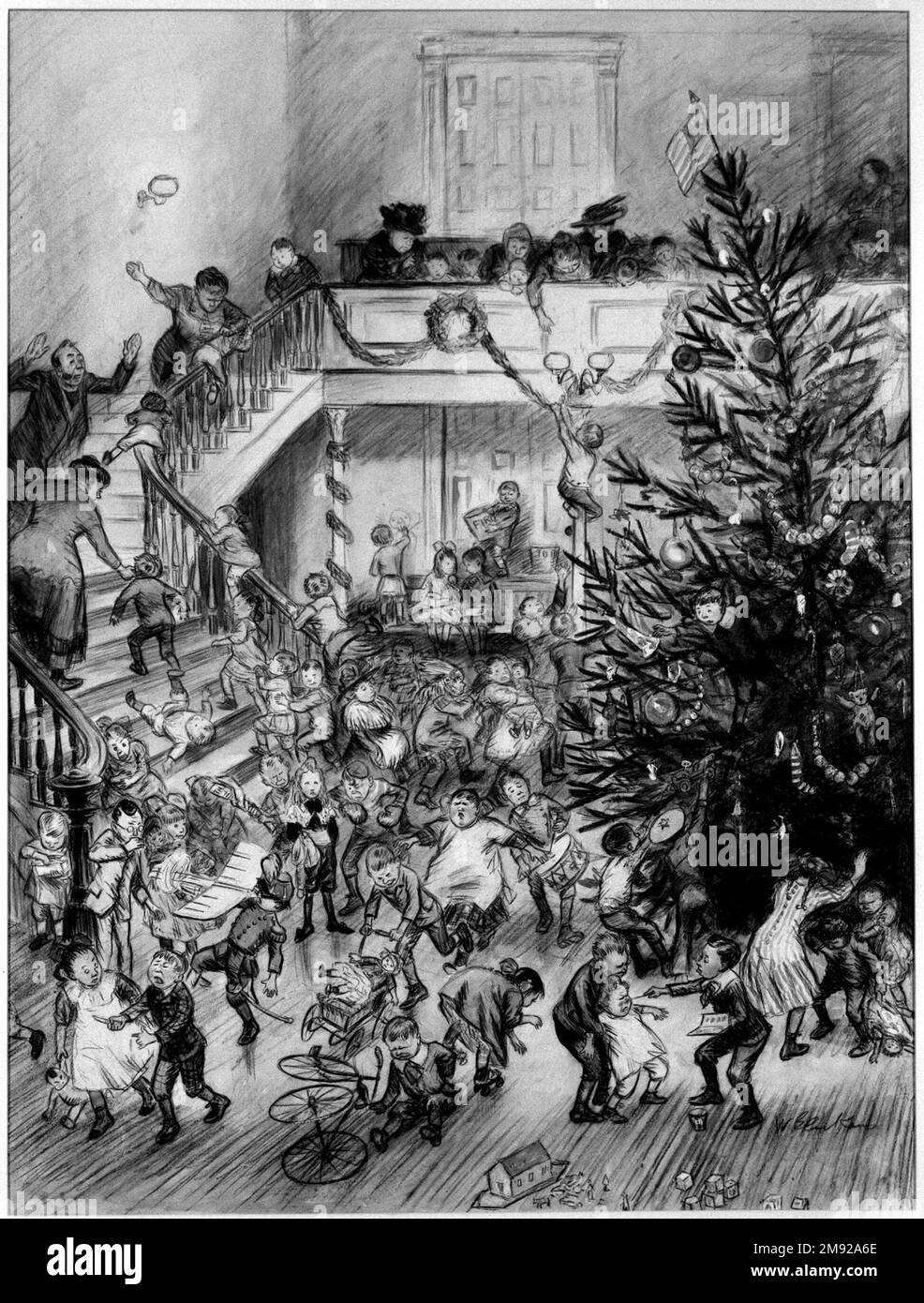 Buon Natale (Yuletide Revels) William Glackens (americano, 1870-1938). Buon Natale (Yuletide Revels), ca. 1910. Grafite, pastello Conté, inchiostro e acquerello trasparente e opaco su un pannello laminato aderente al pannello di pasta di legno, foglio: 24 3/8 x 18 1/2 pollici (61,9 x 47 cm). Pieno di vignette umoriche, questo lavoro presenta William Glackens al culmine dei suoi poteri come disegnatore e narratore. In una grande sala decorata per Natale, schiere di bambini giocano con i loro nuovi giocattoli, spesso con conseguenze dolorose, mentre pochi adulti tentano futili di controllare il caos. La figura di Glackens s Foto Stock