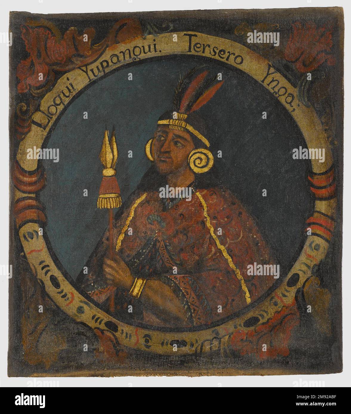 Lloqui Yupanqui, terzo Inca, 1 di 14 Ritratti dei Re Inca Sconosciuto. Lloqui Yupanqui, terzo Inca, 1 di 14 Ritratti dei Re Inca, metà del 18th ° secolo (probabilmente). Olio su tela, 23 11/16 x 21 9/16in. (60,2 x 54,8cm). Lo sfondo blu di questi dodici ritratti dei re Inca avrebbe potuto essere prodotto con una varietà di pigmenti che erano disponibili nel Vicereame del Perù nel XVIII secolo: Blu prussiano, dalla Germania; indaco, dalle Americhe; e smalt, Importato dall'Europa. Nel Vicereame del Perù, la scelta di un sfondo blu per questi ritratti è stata strategica, elevando il Foto Stock
