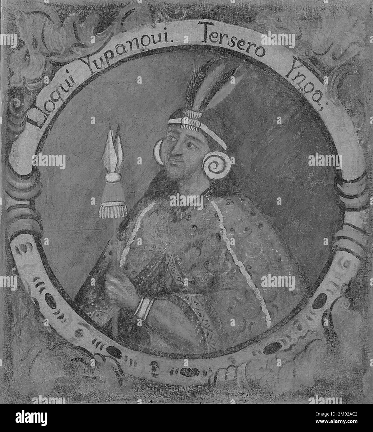 Lloqui Yupanqui, terzo Inca, 1 di 14 Ritratti dei Re Inca Sconosciuto. Lloqui Yupanqui, terzo Inca, 1 di 14 Ritratti dei Re Inca, metà del 18th ° secolo (probabilmente). Olio su tela, 23 11/16 x 21 9/16in. (60,2 x 54,8cm). Lo sfondo blu di questi dodici ritratti dei re Inca avrebbe potuto essere prodotto con una varietà di pigmenti che erano disponibili nel Vicereame del Perù nel XVIII secolo: Blu prussiano, dalla Germania; indaco, dalle Americhe; e smalt, Importato dall'Europa. Nel Vicereame del Perù, la scelta di un sfondo blu per questi ritratti è stata strategica, elevando il Foto Stock