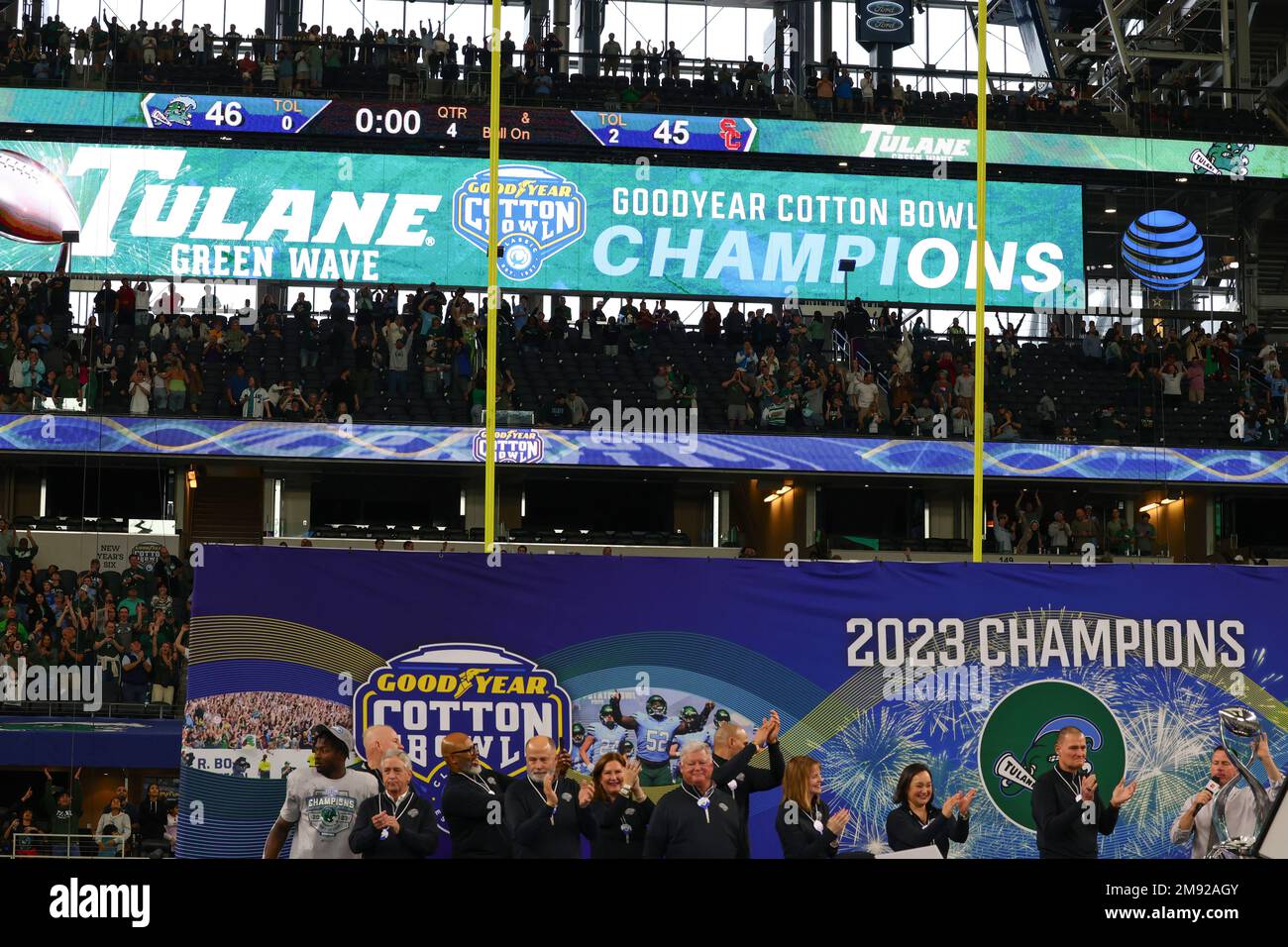 Tulane Green Wave vince il 87th Goodyear Cotton Bowl Classic 46-45 sopra i Trojan della California Meridionale all'AT&T Stadium lunedì 2 gennaio 2023 in Una Foto Stock