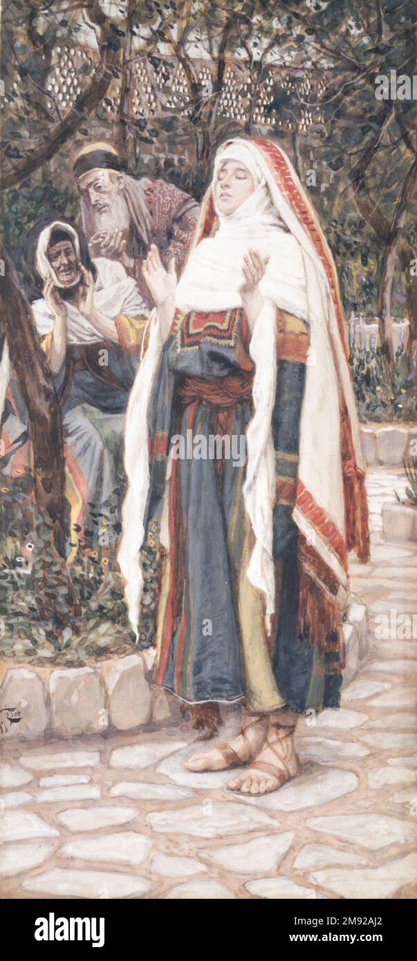 Il Magnificat (le magnificat) James Tissot (francese, 1836-1902). The Magnificat (le magnificat), 1886-1894. Acquerello opaco su grafite su carta in wove grigia, immagine: 9 15/16 x 4 5/8 pollici (25,2 x 11,7 cm). Con questa scena, Tissot continua ad esplorare il ruolo di Maria nel “piano Divino”, come l’artista ha definito la narrazione biblica. Maria prega o “canta” la sua lode a Dio per averle dato un ruolo da svolgere nella redenzione dell’umanità. Mentre l’Annunciazione sottolineava l’umile stazione e la modestia della Vergine, qui si alza con la testa e le mani sollevate verso il cielo mentre pronuncia ciò che Tissot caratterizza Foto Stock