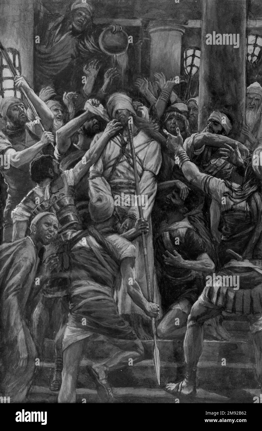 Maltrattamenti nella Casa di Caiaphas (Les mauvais traitements chez Caiphe) James Tissot (francese, 1836-1902). Maltrattamenti nella Casa di Caiaphas (Les mauvais traitements chez Caiphe), 1886-1894. Acquerello opaco su grafite su carta in wove grigia, immagine: 12 1/2 x 8 3/16 pollici (31,8 x 20,8 cm). Condannato per blasfemia dai sommi sacerdoti – un crimine punibile con la morte – Gesù viene condotto via, mentre la folla di testimoni tira i capelli, gli graffia il volto, e piove sia insulti che colpi sul suo corpo in ciò che Tissot descrive come una “furia diabolica”. Dopo aver bendato Gesù, i suoi tormentatori ora schernono la sua santa Foto Stock