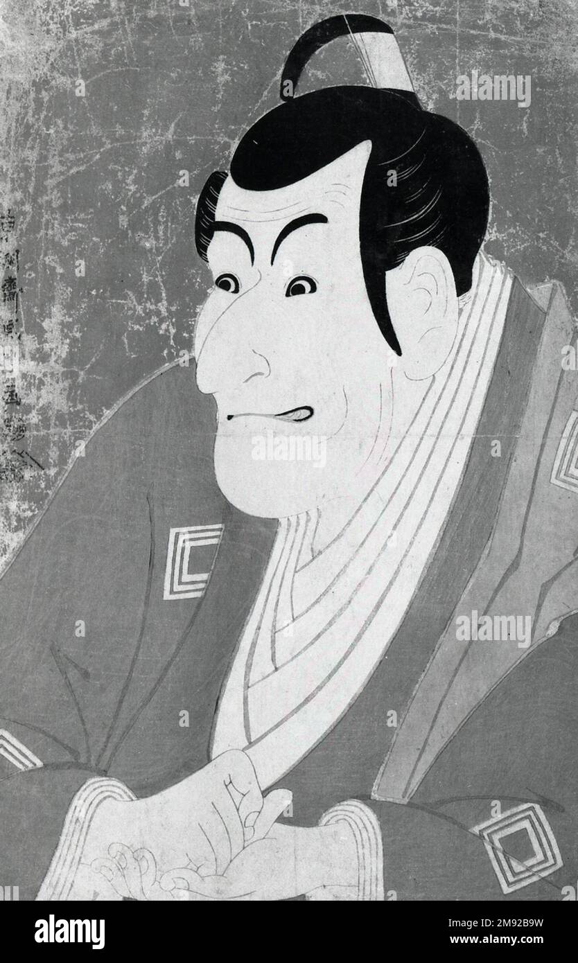 Ichikawa Ebizo IV come Takemura Sadanoshin Toshusai Sharaku (giapponese, attivo 1794-1795). Ichikawa Ebizo IV AS Takemura Sadanoshin, 1794/5. Stampa a blocchi di legno a colori con mica su carta, 14 3/8 x 9 7/16 pollici (36,5 x 24 cm). Il misterioso artista Tōshūsai Sharaku si specializzò in rappresentazioni d'attore nella sua apparentemente breve carriera come stampa designer. Le sue immagini più innovative e celebrate si concentrano sul volto e sulla parte superiore del soggetto, sullo sfondo di un piano ricoperto di polvere di mica. Le opere di Sharaku enfatizzano la padronanza dell’attore delle espressioni facciali, della postura e dei gesti delle mani per trasmettere il composto Foto Stock Ichikawa Ebizo IV come Takemura Sadanoshin Toshusai Sharaku (giapponese, attivo 1794-1795). Ichikawa Ebizo IV AS Takemura Sadanoshin, 1794/5. Stampa a blocchi di legno a colori con mica su carta, 14 3/8 x 9 7/16 pollici (36,5 x 24 cm). Il misterioso artista Tōshūsai Sharaku si specializzò in rappresentazioni d'attore nella sua apparentemente breve carriera come stampa designer. Le sue immagini più innovative e celebrate si concentrano sul volto e sulla parte superiore del soggetto, sullo sfondo di un piano ricoperto di polvere di mica. Le opere di Sharaku enfatizzano la padronanza dell’attore delle espressioni facciali, della postura e dei gesti delle mani per trasmettere il composto Foto Stock