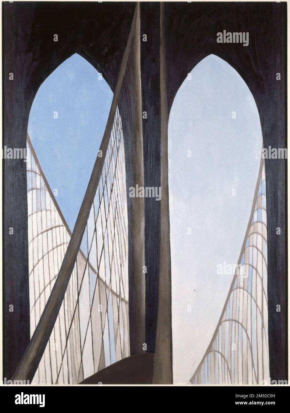 Ponte di Brooklyn, Georgia o'Keeffe (americano, 1887-1986). Ponte di Brooklyn, 1949. Olio su masonite, 47 15/16 x 35 7/8in. (121,8 x 91,1cm). Poco prima di trasferirsi in New Mexico definitivamente nel 1949, o’Keeffe ha dipinto questo saluto di addio a New York, la sua casa per trent’anni. Il Ponte di Brooklyn era un soggetto iconico per la sua generazione di artisti moderni, ma non l'aveva mai dipinto prima. Ha usato i doppi archi e cavi arpa-come del ponte per generare un valentine alle cose che stava lasciando dietro, dicendo Arrivederci a Stieglitz, la loro associazione e la città in cui hanno lanciato le loro carriere. Foto Stock