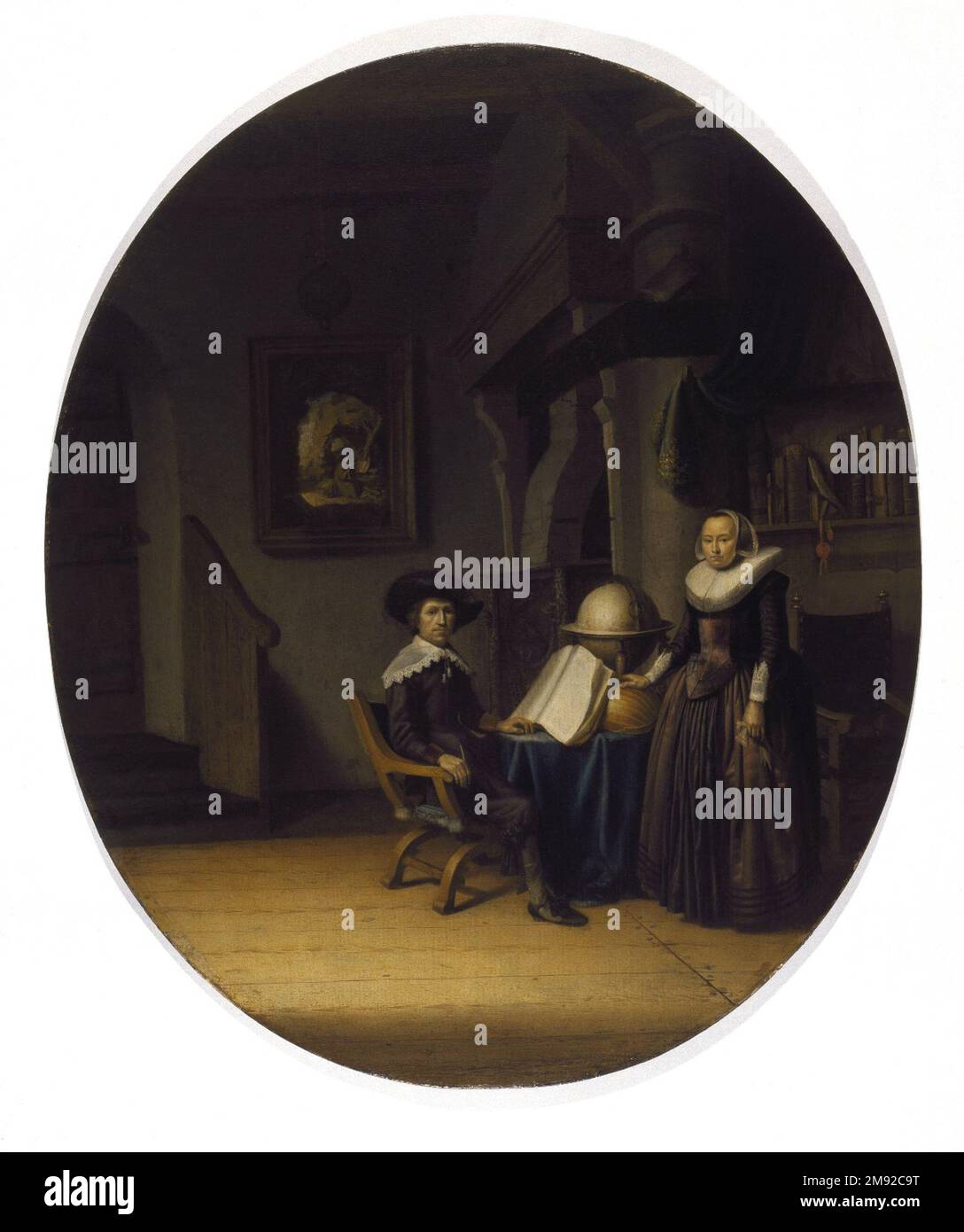 Burgomaster Hasselaar e sua moglie Circle di Gerrit Dou (olandese, 1613-1675). Burgomaster Hasselaar e sua moglie, metà del 17th ° secolo. Olio sul pannello, ovale: 27 3/16 x 23 poll. (69,1 x 58,4 cm). Uomo d'affari, Burgomaster Hasselaar si siede con la cimosa in mano davanti a un libro e a un globo, entrambi illuminati da una luce soffusa da sinistra. Con una fila di preziosi libri rilegati in pelle sullo scaffale dietro di lei, sua moglie, vestita con un costoso ruff di macina, si trova vicino con la mano su un liuto rovesciato, uno strumento che simboleggia l'armonia coniugale. Sullo sfondo, un noto soggetto di Dou di un hermi grotta-dimora Foto Stock
