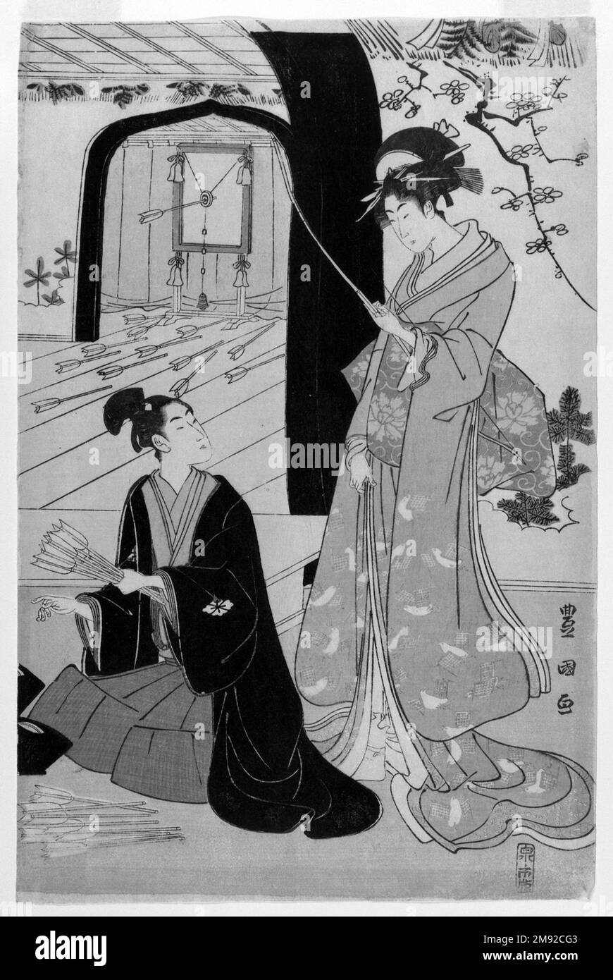 Giovani Samurai e presenze femminili che praticano la Tiro con l'Arco, metà di un Diptych Utagawa Toyokuni i (giapponese, 1769-1825). Giovani Samurai e prescieri femminili che praticano la Tiro con l'Arco, metà di un Dittico, ca. 1800. Diptych, stampa woodblock, 15 1/4 x 10 1/8" (38,7 x 25,7 cm). Oltre alle sue celebri stampe d'attore kabuki, Toyokuni eccelse a immagini di belle donne, incorporando il tipo di figura lunga e lithe che era entrato in voga con l'opera di Kitagawa Utamaro (1750-1806) e di Torii Kiyonaga (1752-1815) nei decenni precedenti. Il tiro con l'arco era un'attività raffinata associata al samurai warr Foto Stock