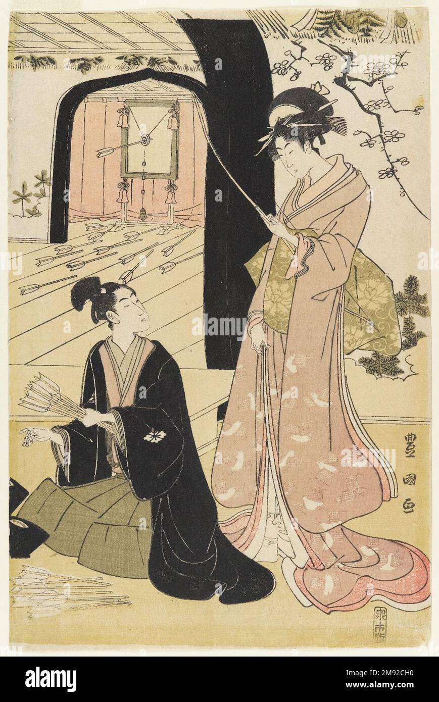 Giovani Samurai e presenze femminili che praticano la Tiro con l'Arco, metà di un Diptych Utagawa Toyokuni i (giapponese, 1769-1825). Giovani Samurai e prescieri femminili che praticano la Tiro con l'Arco, metà di un Dittico, ca. 1800. Diptych, stampa woodblock, 15 1/4 x 10 1/8" (38,7 x 25,7 cm). Oltre alle sue celebri stampe d'attore kabuki, Toyokuni eccelse a immagini di belle donne, incorporando il tipo di figura lunga e lithe che era entrato in voga con l'opera di Kitagawa Utamaro (1750-1806) e di Torii Kiyonaga (1752-1815) nei decenni precedenti. Il tiro con l'arco era un'attività raffinata associata al samurai warr Foto Stock
