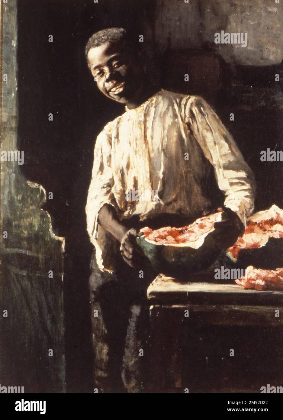 So che era maturo Thomas Hovenden (americano, 1840-1895). So che era maturo, ca. 1885. Olio su tela, 21 15/16 x 15 7/8 poll. (55,7 x 40,3 cm). So che sarebbe stato maturo è una di una serie di composizioni a figura singola di afroamericani completate da Thomas Hovenden, addestrato a Parigi, all’inizio della metà degli anni ’1880s. Queste opere e i loro titoli appaiono altamente stereotipati per lo spettatore contemporaneo, anche se non vi è dubbio che Hovenden sia stato simpatico per i neri, dato il suo matrimonio nel 1881 con Helen Corson, la figlia dell'attivista Quaker abolizionisti la cui fattoria era stata un m antislavery Foto Stock