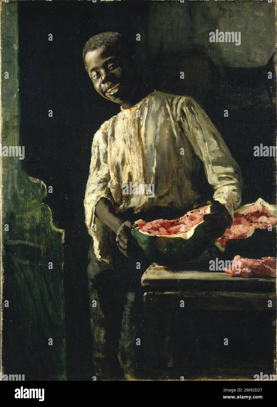 So che era maturo Thomas Hovenden (americano, 1840-1895). So che era maturo, ca. 1885. Olio su tela, 21 15/16 x 15 7/8 poll. (55,7 x 40,3 cm). So che sarebbe stato maturo è una di una serie di composizioni a figura singola di afroamericani completate da Thomas Hovenden, addestrato a Parigi, all’inizio della metà degli anni ’1880s. Queste opere e i loro titoli appaiono altamente stereotipati per lo spettatore contemporaneo, anche se non vi è dubbio che Hovenden sia stato simpatico per i neri, dato il suo matrimonio nel 1881 con Helen Corson, la figlia dell'attivista Quaker abolizionisti la cui fattoria era stata un m antislavery Foto Stock