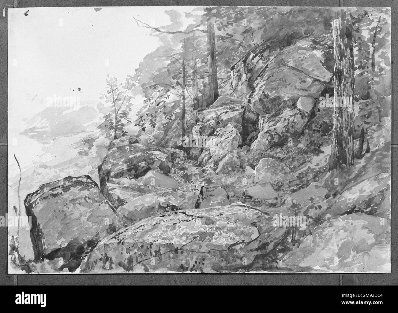 Woodland Boulders William Trost Richards (americano, 1833-1905). Massi forestali, ca. 1877-1878. Acquerelli trasparenti e opachi su grafite su carta a trama liscia, grigio/verde, spessore moderato, foglio: 10 1/16 x 14 7/16 poll. (25,6 x 36,7 cm). La visione artistica di Richards comprendeva sia ampi paesaggi panoramici che studi ravvicinati sulla natura. Questo magistrale acquerello, un esempio di quest’ultimo, ricorda gli intimi interni forestali di Asher B. Durand, che si concentrano su massi ricoperti di muschio, che vengono spinti in primo piano nella composizione. Come Durand, Richards fu dedicato all'osservatio diretto Foto Stock