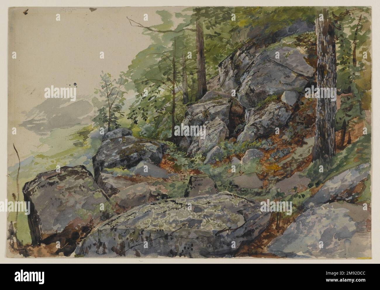 Woodland Boulders William Trost Richards (americano, 1833-1905). Massi forestali, ca. 1877-1878. Acquerelli trasparenti e opachi su grafite su carta a trama liscia, grigio/verde, spessore moderato, foglio: 10 1/16 x 14 7/16 poll. (25,6 x 36,7 cm). La visione artistica di Richards comprendeva sia ampi paesaggi panoramici che studi ravvicinati sulla natura. Questo magistrale acquerello, un esempio di quest’ultimo, ricorda gli intimi interni forestali di Asher B. Durand, che si concentrano su massi ricoperti di muschio, che vengono spinti in primo piano nella composizione. Come Durand, Richards fu dedicato all'osservatio diretto Foto Stock