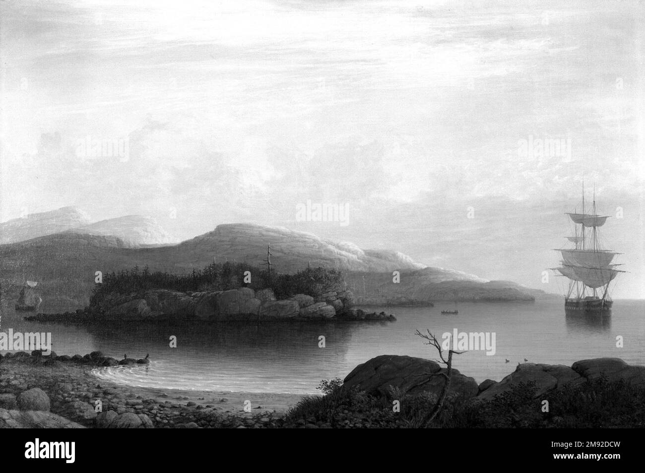 Al di fuori del Mount Desert Island Fitz Henry Lane (americano, 1804-1865). All'esterno di Mount Desert Island, 1856. Olio su tela, telaio: 31 x 43 x 3 1/4 poll. (78,7 x 109,2 x 8,3 cm). Mount Desert Island, al largo della costa del Maine, divenne per la prima volta un soggetto per pittori americani negli anni '1830s. Per Fitz Henry Lane, la costa del Maine ha fornito un'estensione naturale del suo repertorio di immagini marine del New England. Il potere riduttivo di Lane è dimostrato in questa composizione di riserva, in cui gran parte del piano immagine viene ceduto all’effetto di un cielo crepuscolo e della forma oscura di una nave riflessa nell’acqua ferma. American Ar Foto Stock