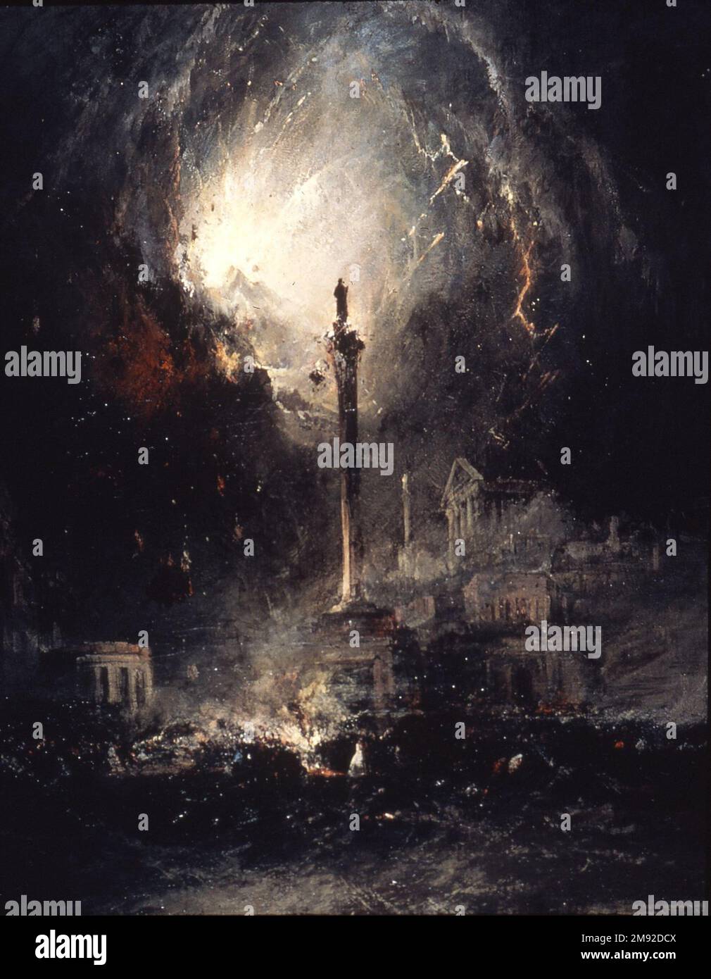 The Last Days of Pompei James Hamilton (americano, 1819-1878). Gli ultimi giorni di Pompei, 1864. Olio su tela, 59 15/16 x 48 1/16 poll. (152,2 x 122 cm). L'eruzione del Vesuvio nel 79 a.C. e la successiva devastazione di Pompei (nell'attuale Italia) fu una narrazione popolare e affascinante a metà del Settecento, in particolare tra i pittori romantici di entrambe le sponde dell'Atlantico. A quel tempo il vulcano iniziò un lungo periodo di rinnovata attività. Contemporaneamente, gli archeologi iniziarono gli scavi dell'antica città sepolta. Questo tema cataclismico, che si presta a ruminazioni Foto Stock