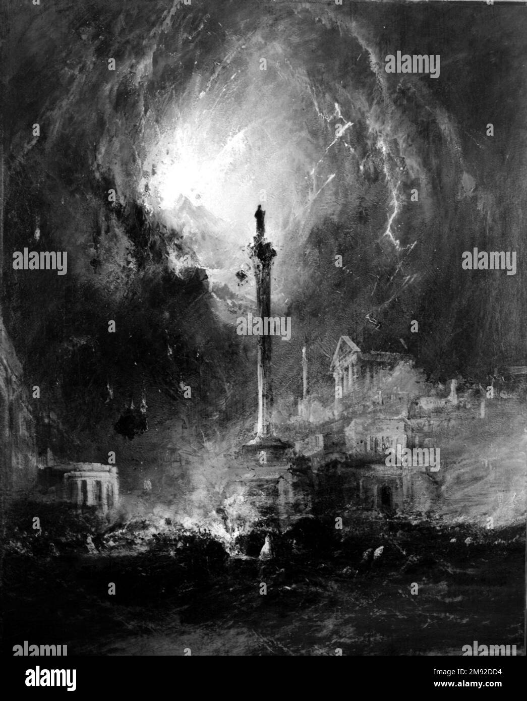 The Last Days of Pompei James Hamilton (americano, 1819-1878). Gli ultimi giorni di Pompei, 1864. Olio su tela, 59 15/16 x 48 1/16 poll. (152,2 x 122 cm). L'eruzione del Vesuvio nel 79 a.C. e la successiva devastazione di Pompei (nell'attuale Italia) fu una narrazione popolare e affascinante a metà del Settecento, in particolare tra i pittori romantici di entrambe le sponde dell'Atlantico. A quel tempo il vulcano iniziò un lungo periodo di rinnovata attività. Contemporaneamente, gli archeologi iniziarono gli scavi dell'antica città sepolta. Questo tema cataclismico, che si presta a ruminazioni Foto Stock