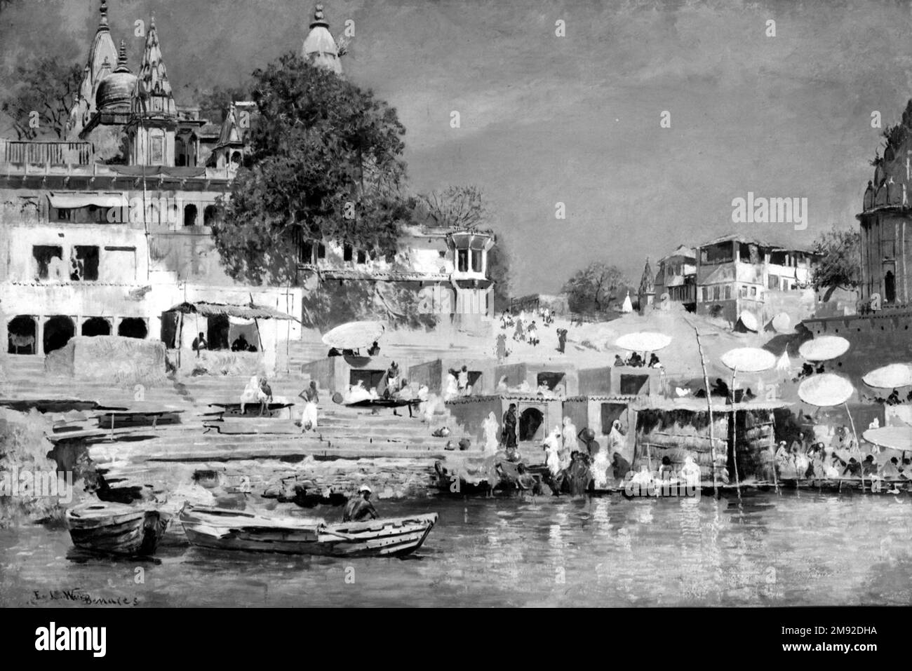 Templi e bagno Ghat a Benares Edwin Lord Weeks (americano, 1849-1903). Templi e bagno Ghat a Benares, ca. 1883-1885. Olio su tela, 19 15/16 x 29 15/16 poll. (50,6 x 76 cm). Settimane probabilmente dipinse questo disegno apparentemente spontaneo delle rive del fiume Gange nella città sacra di Benares durante la sua prima visita estesa in India, nel 1882-83. E 'stato probabilmente uno dei molti studi preparatori per il suo grande e importante dipinto The Last Journey, souvenir dei Ganges, Benares, esposto per acclamare al Salone di Parigi del 1885. Sebbene l'ampio lavoro di questo studio sia ch Foto Stock