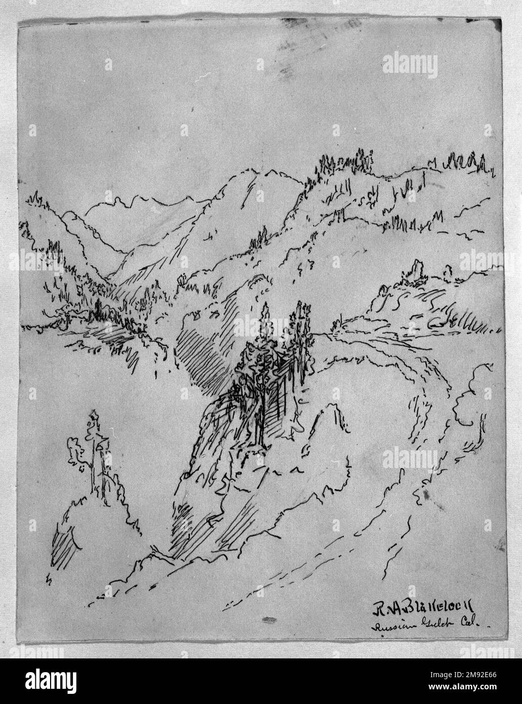Russian Gulch, California Ralph Albert Blakelock (americano, 1847-1919). Russian Gulch, California, ca. 1869-1872. Inchiostro su carta color crema media, foglio: 6 11/16 x 5 3/8 poll. (17 x 13,7 cm). Durante il viaggio nell'Ovest americano, Ralph Blakelock ha prodotto più di un centinaio di schizzi sul posto, tra cui questi disegni della Point Arena e del Russian Gulch, siti lungo la costa a nord di San Francisco. Come è tipico di questo corpo di lavoro, eseguì ogni immagine a matita e poi tracciò la sua linea di grafite in inchiostro. Mentre le forme sono descritte in profili economici con ombreggiatura minima, il suo animato Foto Stock