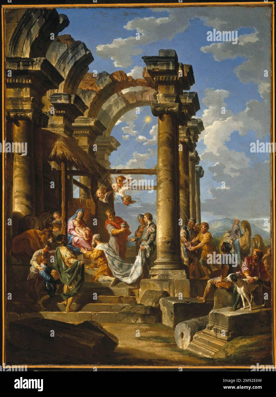 Adorazione dei Magi Giovanni Paolo panini (1691-1765). Adorazione dei Magi, ca. 1755. Olio su tela, 39 x 29 poll. (99,1 x 73,7 cm). I pendenti presentavano un ideale dispositivo narrativo per le rappresentazioni dell'Adorazione dei Pastori e dell'Adorazione dei Magi. Pittori entusiasti di giustapporre gli umili pastori, modestamente rivestiti in semplici lana, con i re mondani, indossando finerie silken e portando stravaganti doni. Nonostante queste disparità, i pellegrini sono uniti nella loro riverenza davanti al neonato Cristo. Panini invoca una tradizione di lunga data ponendo la mang Foto Stock