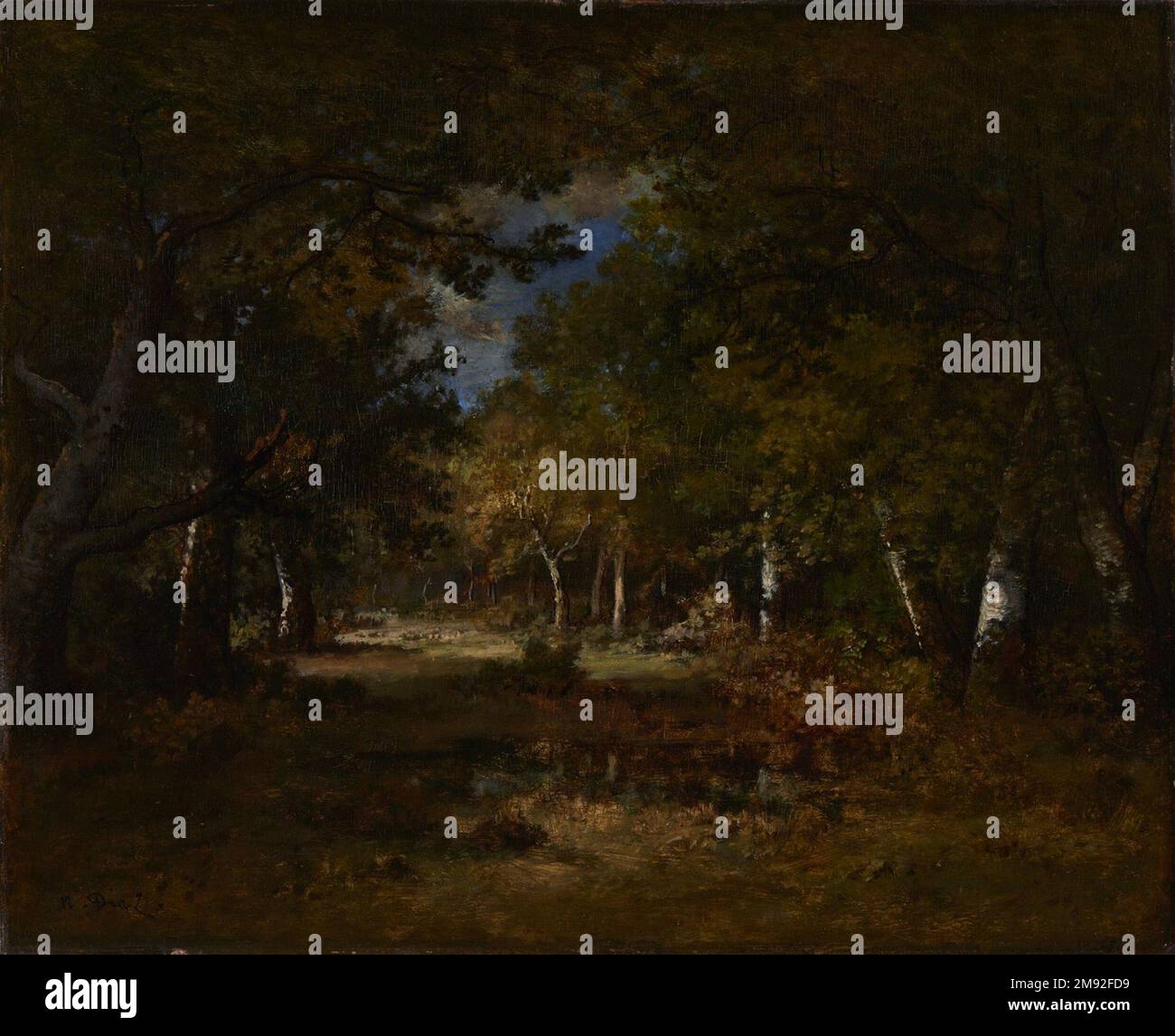 Foresta scena Narcisse-Virgile Diaz de la Peña (francese, 1807-1876). , 1844-1860. Olio sul pannello del supporto, 17 11/16 x 21 5/8 in. (44,9 x 54,9 cm). Questo è uno dei numerosi dipinti che Narcisse-Virgile Diaz de la Peña fece della Foresta di Fontainebleau. Queste composizioni rafforzarono il mito di una natura pura, indipendente dall'agenzia o dalla presenza umana, autogenerante e intatta dalla modernità o dall'industrializzazione. L'incontaminato Fontainebleau di Diaz era per lo più immaginario. La foresta era diventata molto popolare tra i turisti urbani. Gli abitanti delle città erano tuttavia desiderosi per la fuga di tale imag Foto Stock