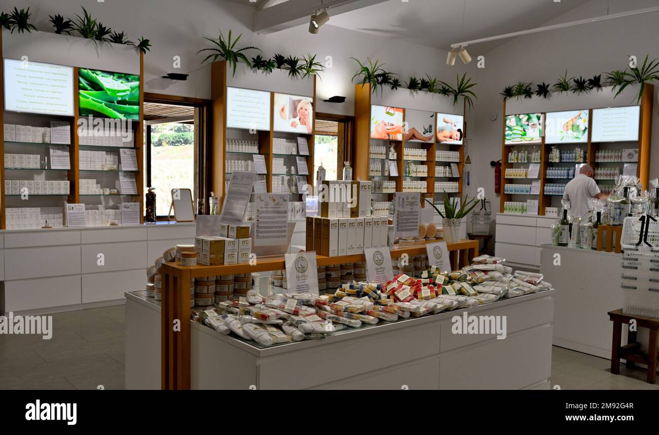 All'interno dello showroom, sala vendita della piantagione Finca Canarias Aloe vera Fataga con varietà di prodotti dell'aloe vera in vendita Foto Stock
