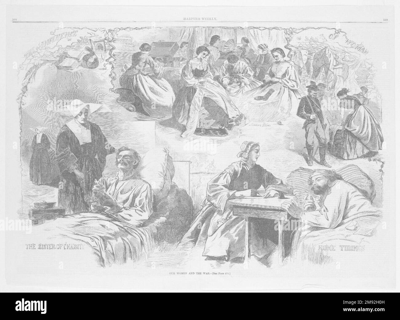 Le nostre donne e la guerra Winslow Homer (americano, 1836-1910). Le nostre donne e la guerra, 1862. Incisione in legno, foglio: 15 3/4 x 21 5/8 poll. (40 x 54,9 cm). Questa incisione onora le diverse donne che hanno fatto e lavato i vestiti dei soldati, ha scritto le lettere a casa per i feriti e ha teso agli uomini morenti. Il testo di accompagnamento notava: “[T]qui non c'è nessuna donna che non può in alcun modo fare qualcosa per aiutare l'esercito. Questa nostra guerra ha sviluppato decine di Florence Nightingales, i cui nomi nessuno conosce, ma la cui ricompensa, nella gratitudine del soldato e nell’approvazione del Cielo, è la più alta donna che possa vincere”. A. Foto Stock