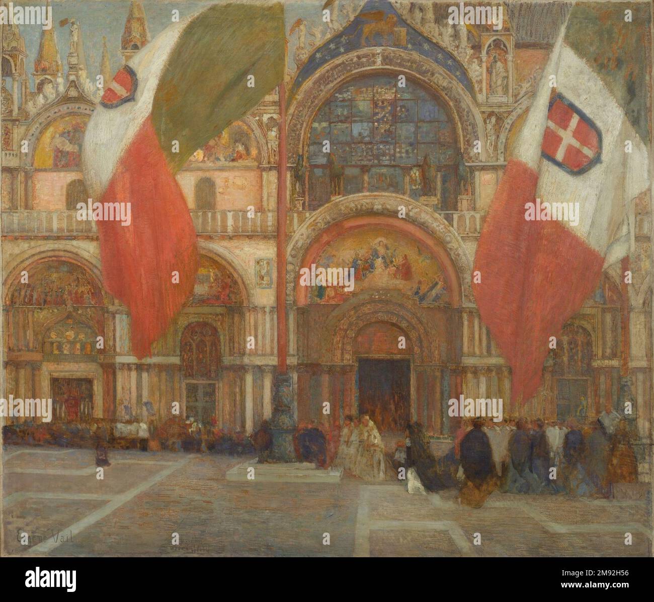 Jour de Fête à Venise Eugene Lawrence Vail (americano, 1857-1934). , ca. 1904. Olio su tela, 68 x 78 3/4 poll. (172,7 x 200 cm). Questa immagine dai colori brillanti della famosa facciata di San Marco è una delle opere faÃ famose di Vail. La grande tela dimostra il drammatico cambiamento dopo l'inizio del secolo sia nel suo oggetto che nel suo stile, lontano dai soggetti di figura somber che avevano riflesso la sua formazione accademica parigina. L'artista ha manipolato la composizione per enfatizzare quegli elementi che ha trovato più dinamici visivamente. Le enormi bandiere giocano un ruolo importante nell'im Foto Stock