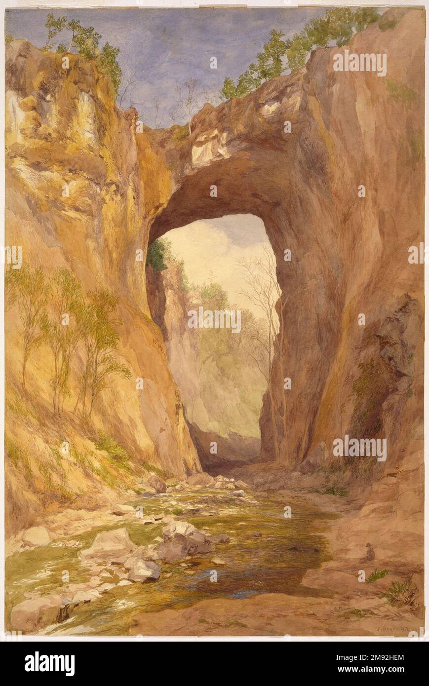 Natural Bridge, Virginia John Henry Hill (americano, 1839-1922). Natural Bridge, Virginia, 1876. Acquerello su grafite su carta molto spessa, leggermente ruvida montata su una carta secondaria, 21 1/4 x 14 1/8 poll. (54 x 35,9 cm). Come suo padre e insegnante John William Hill (il cui lavoro è esposto in un'altra galleria), John Henry Hill abbracciò i principi Ruskiniani dello studio all'aperto e della rappresentazione veritiera. Per questa immagine, la collina giovane ha selezionato un punto di riferimento famoso, che, insieme alle cascate del Niagara, è stato considerato una delle meraviglie naturali del Nord America. Il suo interesse per il 215-piedi-h. Foto Stock