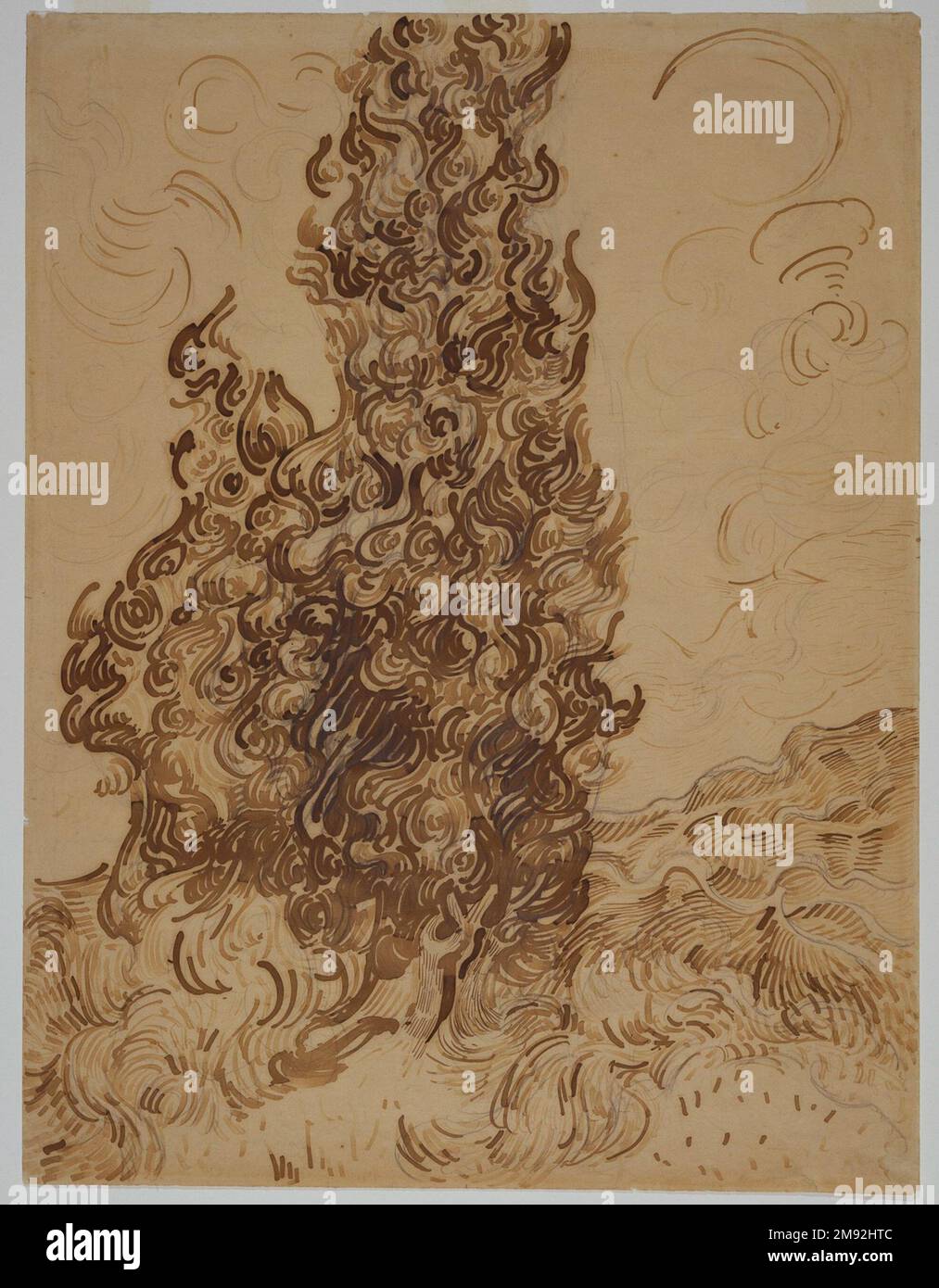 Cipressi (Les Cyprès) Vincent van Gogh (olandese, 1853-1890). Cipressi (Les Cyprès), giugno 1889. Inchiostro marrone e grafite su carta in lattice e Cie Balcons, 24 3/8 x 18 5/8 pollici (61,9 x 47,3 cm). Questo disegno risale al 1889° soggiorno di Vincent van Gogh in un asilo psichiatrico a Saint-Rémy-de-Provence, durante un periodo in cui si affascinò con le forme oscure e obelische di cipressi. Lo inviò a suo fratello Theo nel luglio di quell'anno come modo per “mostrargli” come apparivano i dipinti su cui stava lavorando. La tela che corrisponde a questo disegno è ora nel Museo Metropolitano di Ar Foto Stock