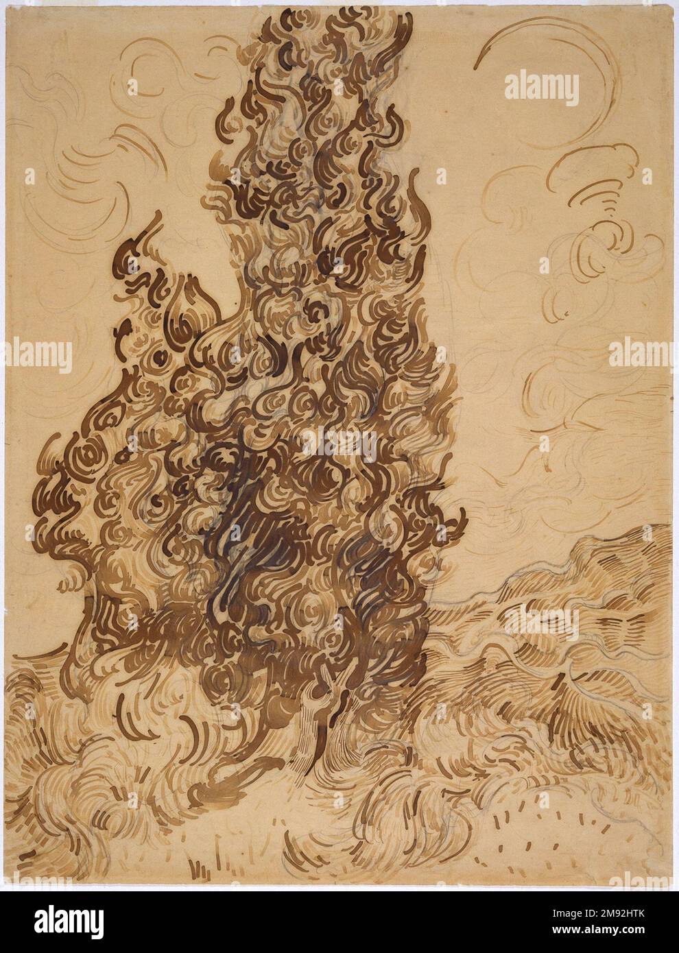 Cipressi (Les Cyprès) Vincent van Gogh (olandese, 1853-1890). Cipressi (Les Cyprès), giugno 1889. Inchiostro marrone e grafite su carta in lattice e Cie Balcons, 24 3/8 x 18 5/8 pollici (61,9 x 47,3 cm). Questo disegno risale al 1889° soggiorno di Vincent van Gogh in un asilo psichiatrico a Saint-Rémy-de-Provence, durante un periodo in cui si affascinò con le forme oscure e obelische di cipressi. Lo inviò a suo fratello Theo nel luglio di quell'anno come modo per “mostrargli” come apparivano i dipinti su cui stava lavorando. La tela che corrisponde a questo disegno è ora nel Museo Metropolitano di Ar Foto Stock