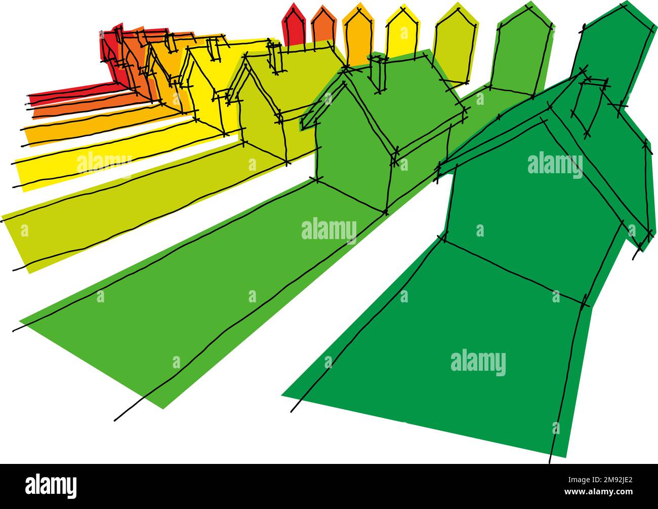 illustrazione disegnata a mano di sette case certificate in sette classi energetiche nel diagramma di potenza Foto Stock