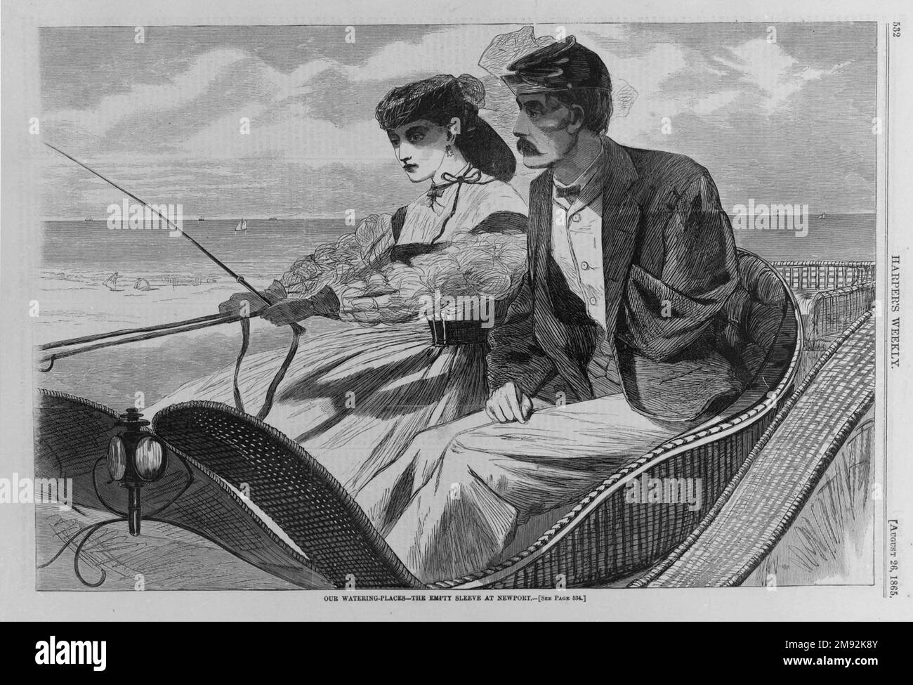 I nostri luoghi di innaffiamento--il manicotto vuoto a Newport Winslow Homer (americano, 1836-1910). , 1865. Incisione su legno, illustrazione: 9 1/8 x 13 5/8 poll. (23,2 x 34,6 cm). Questa immagine ha accompagnato una storia in Harper’s Weekly, in cui un capitano torna a casa dalla guerra per scoprire che sua moglie ha imparato a guidare un cavallo e un buggy in sua assenza. Ci si potrebbe aspettare che il veterano, che ha perso un braccio in battaglia, sia grato per le nuove abilità che sua moglie ha acquisito per necessità. Eppure egli lotta per accettare la sua nuova indipendenza. La tensione palpabile tra marito e moglie in questa immagine è indicativa di postwa più grande Foto Stock