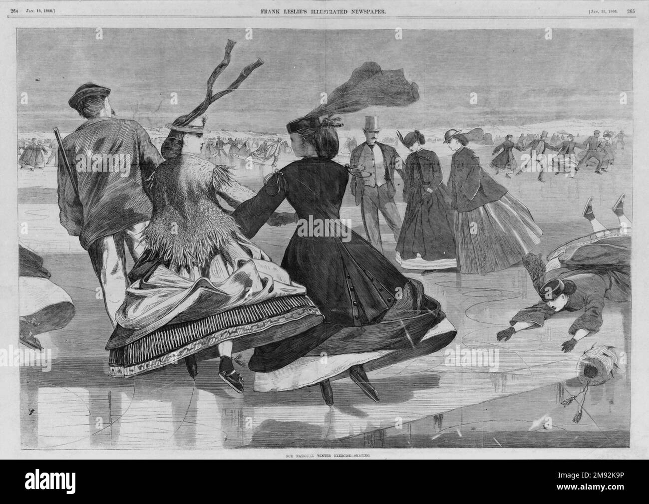 Il nostro esercizio invernale nazionale--Skating Winslow Homer (americano, 1836-1910). , 1866. Incisione su legno, immagine: 13 7/8 x 20 1/4 pollici (35,2 x 51,4 cm). La crescita artistica di Omero è qui segnalata dal suo interesse per la figura come elemento di design principale. La grazia fisica e il controllo richiesti per il pattinaggio sono trasportati nel massaggiare le tre figure prominenti, che creano una forte diagonale che biseca la composizione. Le loro forme sono parallele tra loro, governando e unificando il ritmo compositivo complessivo. Tali armonie visive conferiscono un tocco di stile all'incisione, in cui l'occhio è disegnato dalla Th Foto Stock