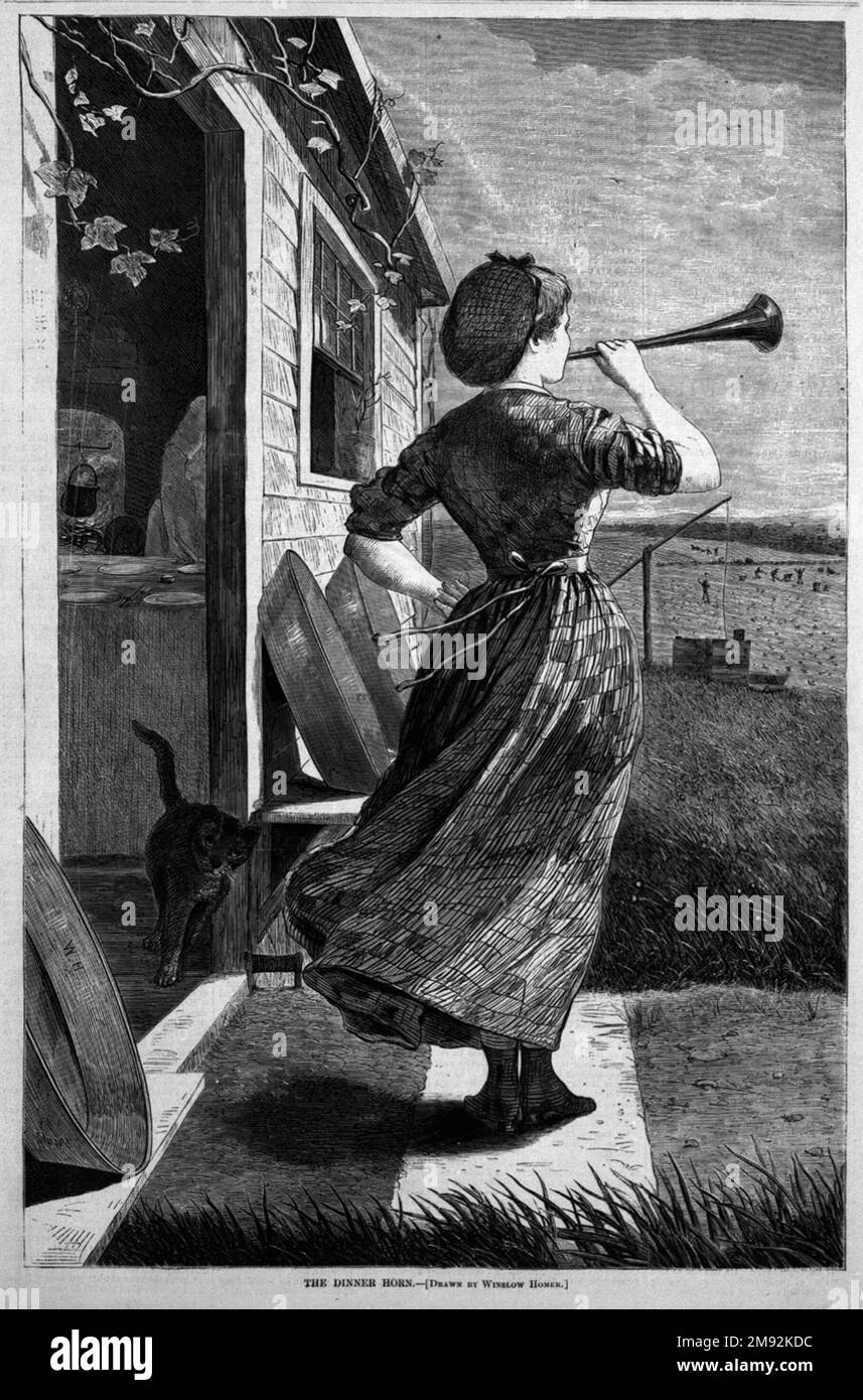 The Dinner Horn Winslow Homer (americano, 1836-1910). , 1870. Incisione su legno, immagine: 13 7/8 x 9 1/8 pollici (35,2 x 23,2 cm). Una giovane donna suona la chiamata per il pasto di noonday per gli uomini che lavora nel campo lontano. Il vento tira le gonne verso l'esterno dietro di lei, investendo la sua forma con una qualità quasi eroica e monumentale. Una figura identica appare in diverse versioni petrolifere di Omero del soggetto degli anni '1870s, che riflettono tutte le sue preoccupazioni riguardo alla rappresentazione della salubrità della vita agricola americana. L'incisione fornisce un dettaglio narrativo maggiore rispetto agli oli, forse riflettendo Foto Stock