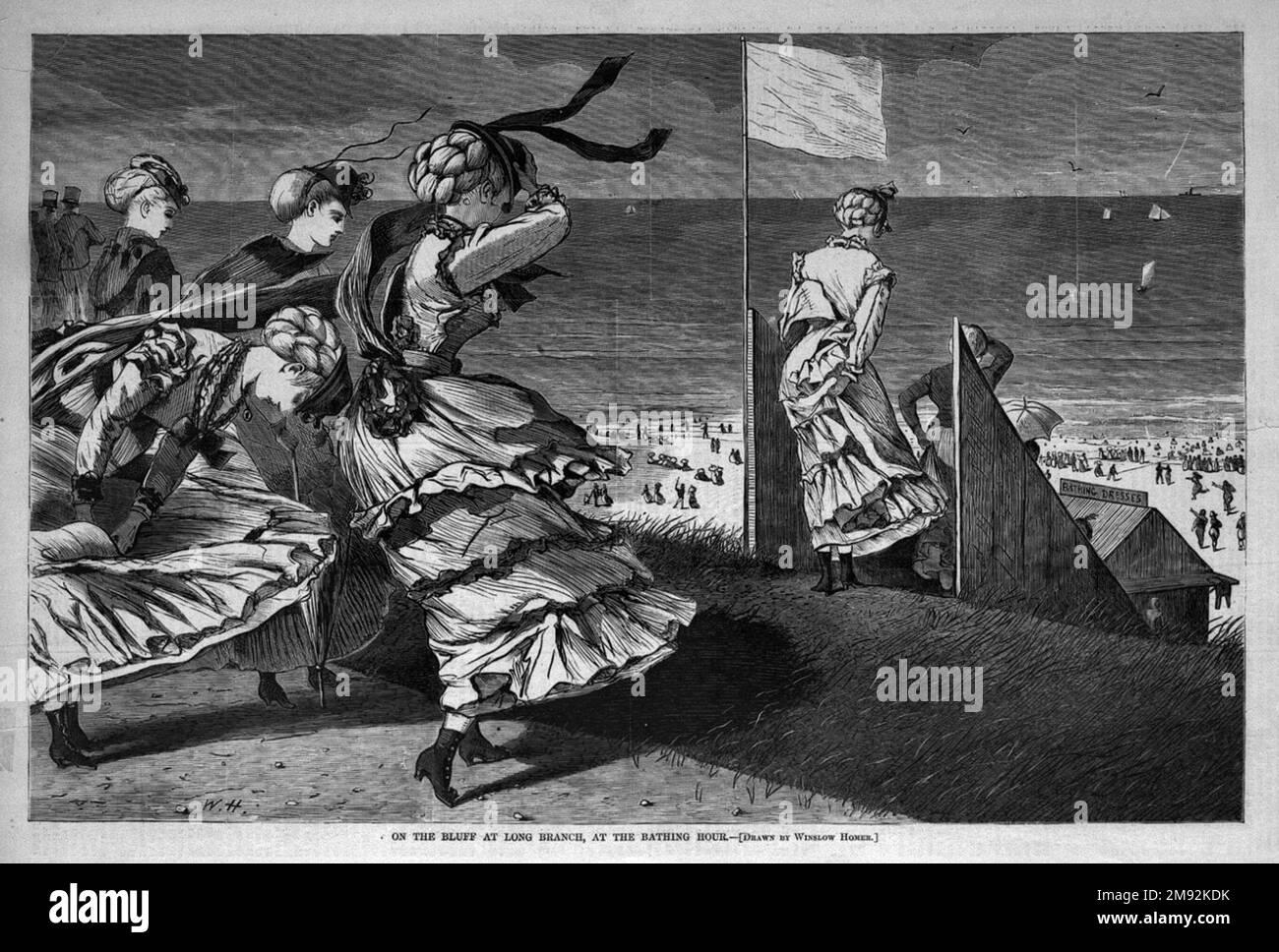 Sul Bluff a Long Branch, al bagno Hour Winslow Homer (americano, 1836-1910). , 1870. Incisione su legno, immagine: 9 x 13 3/4 pollici (22,9 x 34,9 cm). Dopo la guerra civile, Long Branch divenne uno dei principali parchi giochi della costa atlantica, attirando visitatori dal mondo alla moda e teatrale, anche se non godette mai dell'esclusività di Newport o Saratoga. Nella vivida immagine di Omero, un bevy di ingenues ventosi e alla moda, attratti dalla bandiera bianca che annuncia acque calme, si avvicina alla ripida scalinata in legno che porta dalla cima delle alte dune di sabbia conosciute come il Bluff alla ba Foto Stock