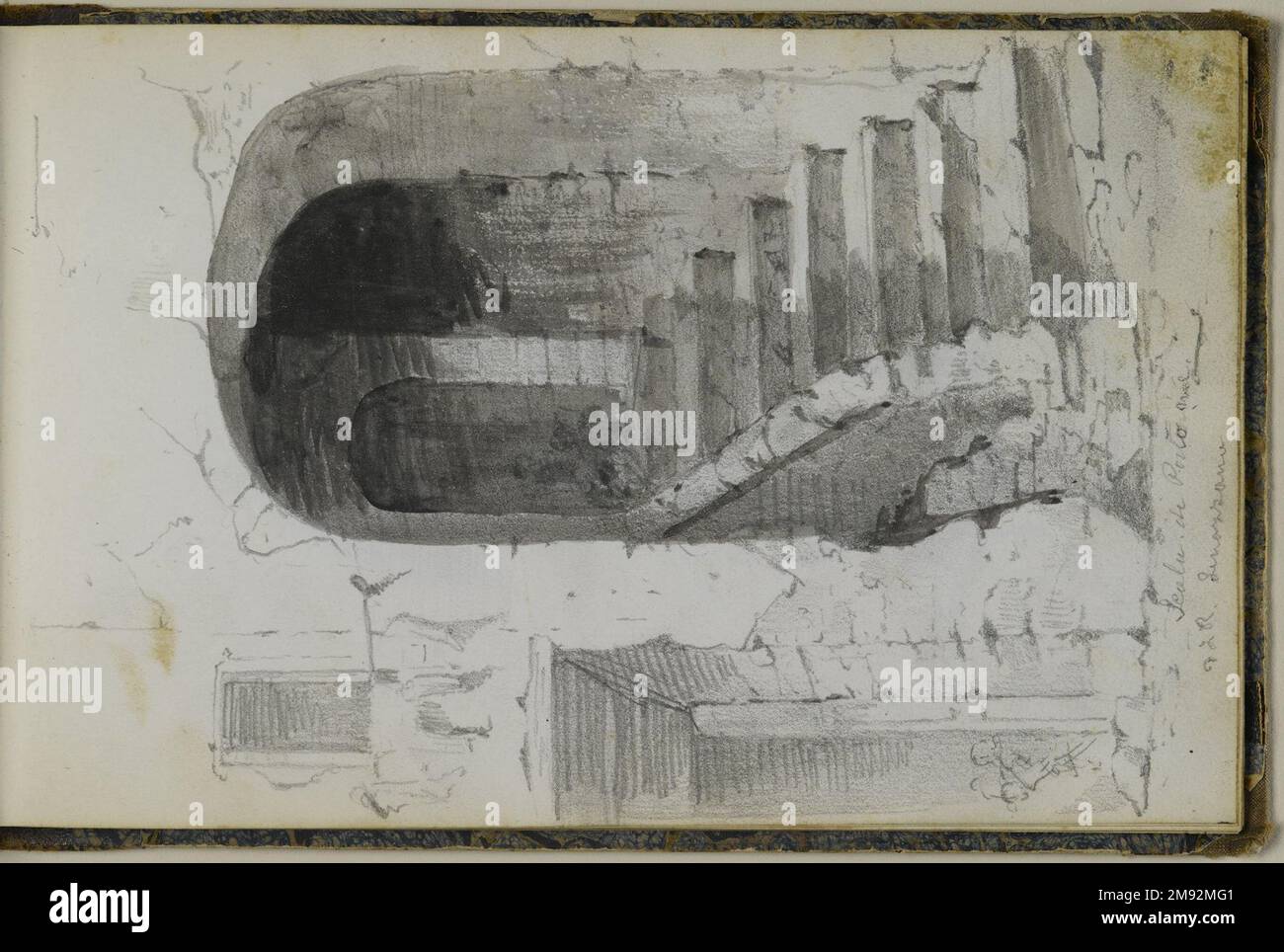 Libro di disegno Peter Frederick Rothermel (americano, 1817-1895). Schedario, 1857. Grafite con inchiostro e acquerello su crema, carta a trama leggera di peso medio, 5 11/16 x 8 5/8 x 3/8 pollici (14,4 x 21,9 x 1 cm). Questo quaderno di quarantadue pagine contiene disegni del pittore di storia Peter Frederick Rothermel di scene a Genazzano, Italia, a quaranta miglia ad est di Roma. Documentò l'architettura locale, la scultura, il paesaggio e le persone, includendo anche schizzi per argomenti narrativi. I costumi e la vita quotidiana dei cittadini sono catturati in diversi studi di figure abili, tra cui t Foto Stock