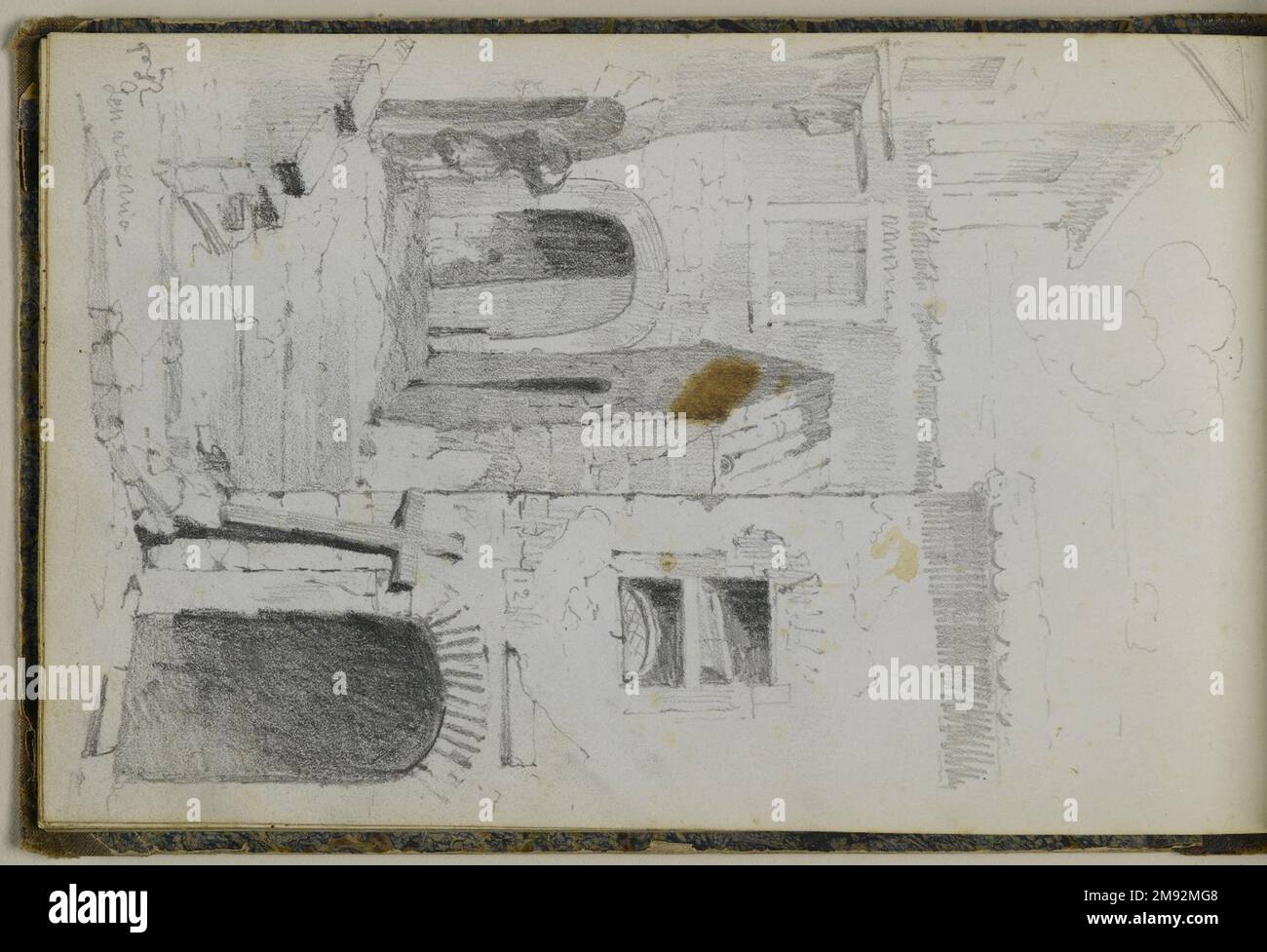 Libro di disegno Peter Frederick Rothermel (americano, 1817-1895). Schedario, 1857. Grafite con inchiostro e acquerello su crema, carta a trama leggera di peso medio, 5 11/16 x 8 5/8 x 3/8 pollici (14,4 x 21,9 x 1 cm). Questo quaderno di quarantadue pagine contiene disegni del pittore di storia Peter Frederick Rothermel di scene a Genazzano, Italia, a quaranta miglia ad est di Roma. Documentò l'architettura locale, la scultura, il paesaggio e le persone, includendo anche schizzi per argomenti narrativi. I costumi e la vita quotidiana dei cittadini sono catturati in diversi studi di figure abili, tra cui t Foto Stock
