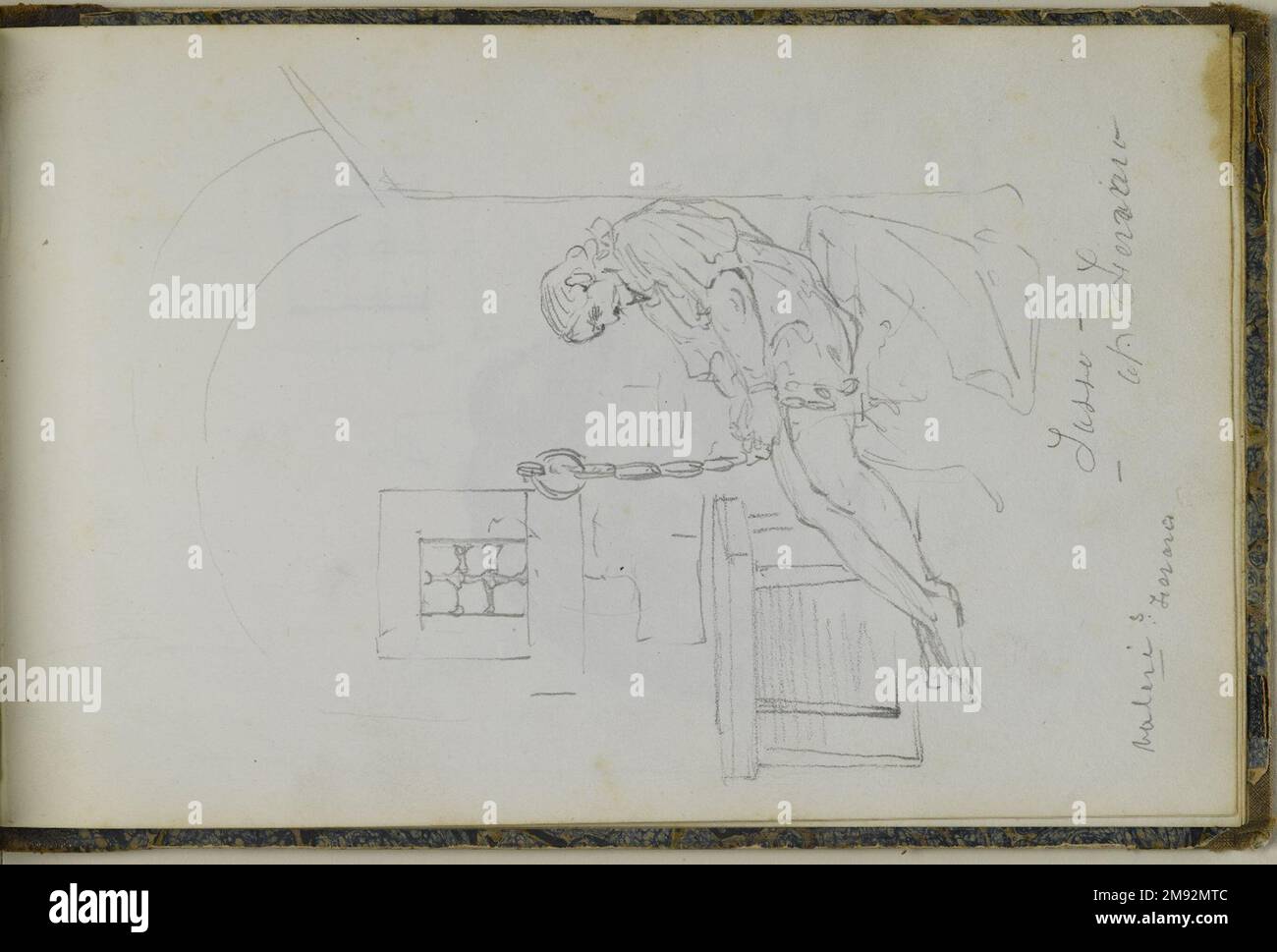 Libro di disegno Peter Frederick Rothermel (americano, 1817-1895). Schedario, 1857. Grafite con inchiostro e acquerello su crema, carta a trama leggera di peso medio, 5 11/16 x 8 5/8 x 3/8 pollici (14,4 x 21,9 x 1 cm). Questo quaderno di quarantadue pagine contiene disegni del pittore di storia Peter Frederick Rothermel di scene a Genazzano, Italia, a quaranta miglia ad est di Roma. Documentò l'architettura locale, la scultura, il paesaggio e le persone, includendo anche schizzi per argomenti narrativi. I costumi e la vita quotidiana dei cittadini sono catturati in diversi studi di figure abili, tra cui t Foto Stock