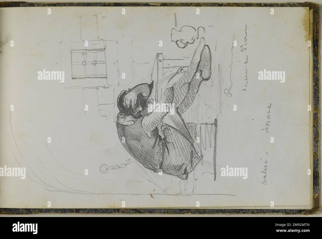 Libro di disegno Peter Frederick Rothermel (americano, 1817-1895). Schedario, 1857. Grafite con inchiostro e acquerello su crema, carta a trama leggera di peso medio, 5 11/16 x 8 5/8 x 3/8 pollici (14,4 x 21,9 x 1 cm). Questo quaderno di quarantadue pagine contiene disegni del pittore di storia Peter Frederick Rothermel di scene a Genazzano, Italia, a quaranta miglia ad est di Roma. Documentò l'architettura locale, la scultura, il paesaggio e le persone, includendo anche schizzi per argomenti narrativi. I costumi e la vita quotidiana dei cittadini sono catturati in diversi studi di figure abili, tra cui t Foto Stock