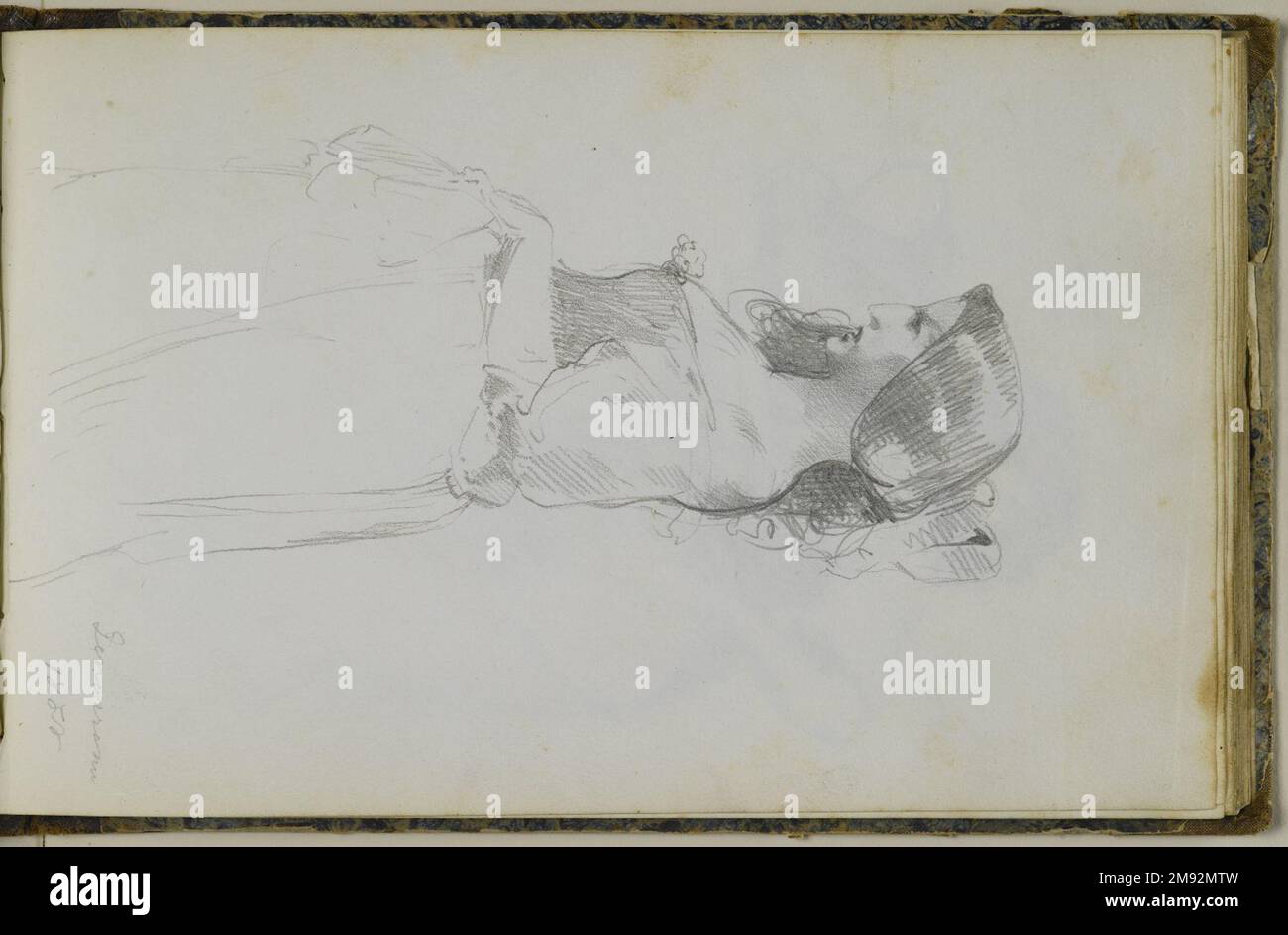 Libro di disegno Peter Frederick Rothermel (americano, 1817-1895). Schedario, 1857. Grafite con inchiostro e acquerello su crema, carta a trama leggera di peso medio, 5 11/16 x 8 5/8 x 3/8 pollici (14,4 x 21,9 x 1 cm). Questo quaderno di quarantadue pagine contiene disegni del pittore di storia Peter Frederick Rothermel di scene a Genazzano, Italia, a quaranta miglia ad est di Roma. Documentò l'architettura locale, la scultura, il paesaggio e le persone, includendo anche schizzi per argomenti narrativi. I costumi e la vita quotidiana dei cittadini sono catturati in diversi studi di figure abili, tra cui t Foto Stock