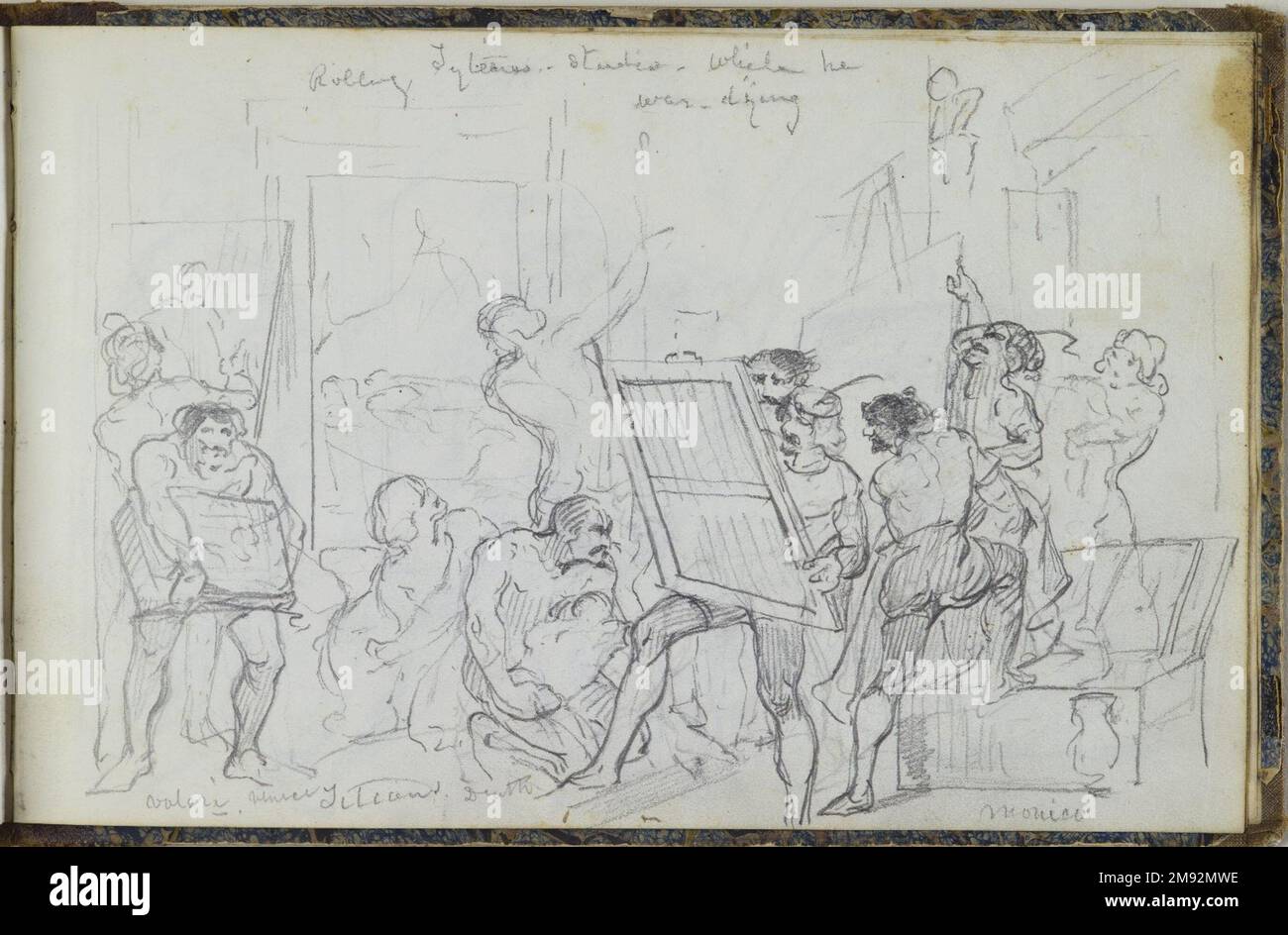 Libro di disegno Peter Frederick Rothermel (americano, 1817-1895). Schedario, 1857. Grafite con inchiostro e acquerello su crema, carta a trama leggera di peso medio, 5 11/16 x 8 5/8 x 3/8 pollici (14,4 x 21,9 x 1 cm). Questo quaderno di quarantadue pagine contiene disegni del pittore di storia Peter Frederick Rothermel di scene a Genazzano, Italia, a quaranta miglia ad est di Roma. Documentò l'architettura locale, la scultura, il paesaggio e le persone, includendo anche schizzi per argomenti narrativi. I costumi e la vita quotidiana dei cittadini sono catturati in diversi studi di figure abili, tra cui t Foto Stock