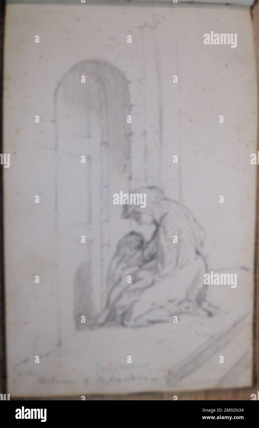 Libro di disegno Peter Frederick Rothermel (americano, 1817-1895). Schedario, 1857. Grafite con inchiostro e acquerello su crema, carta a trama leggera di peso medio, 5 11/16 x 8 5/8 x 3/8 pollici (14,4 x 21,9 x 1 cm). Questo quaderno di quarantadue pagine contiene disegni del pittore di storia Peter Frederick Rothermel di scene a Genazzano, Italia, a quaranta miglia ad est di Roma. Documentò l'architettura locale, la scultura, il paesaggio e le persone, includendo anche schizzi per argomenti narrativi. I costumi e la vita quotidiana dei cittadini sono catturati in diversi studi di figure abili, tra cui t Foto Stock