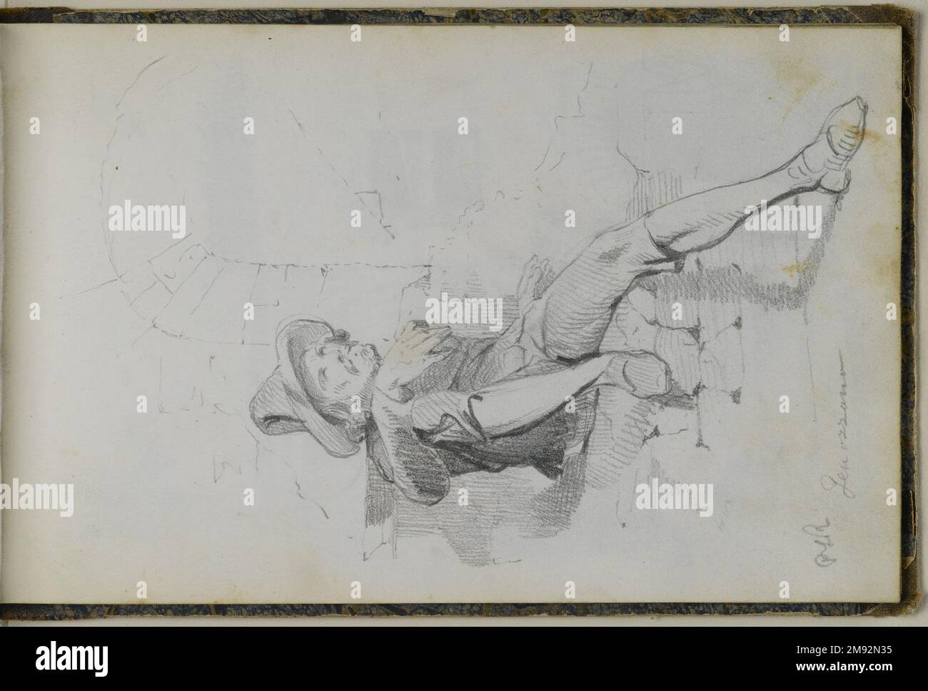 Libro di disegno Peter Frederick Rothermel (americano, 1817-1895). Schedario, 1857. Grafite con inchiostro e acquerello su crema, carta a trama leggera di peso medio, 5 11/16 x 8 5/8 x 3/8 pollici (14,4 x 21,9 x 1 cm). Questo quaderno di quarantadue pagine contiene disegni del pittore di storia Peter Frederick Rothermel di scene a Genazzano, Italia, a quaranta miglia ad est di Roma. Documentò l'architettura locale, la scultura, il paesaggio e le persone, includendo anche schizzi per argomenti narrativi. I costumi e la vita quotidiana dei cittadini sono catturati in diversi studi di figure abili, tra cui t Foto Stock