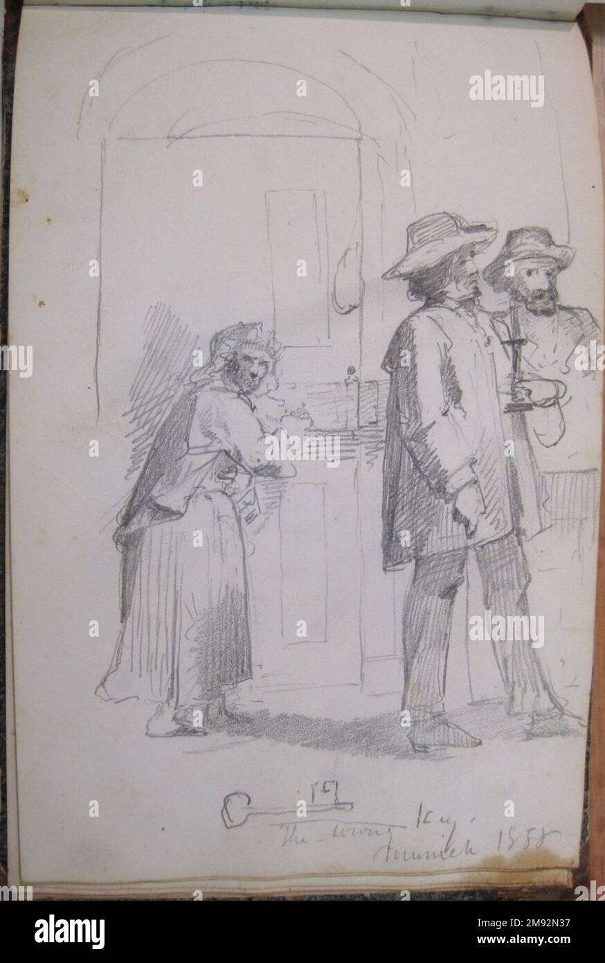 Libro di disegno Peter Frederick Rothermel (americano, 1817-1895). Schedario, 1857. Grafite con inchiostro e acquerello su crema, carta a trama leggera di peso medio, 5 11/16 x 8 5/8 x 3/8 pollici (14,4 x 21,9 x 1 cm). Questo quaderno di quarantadue pagine contiene disegni del pittore di storia Peter Frederick Rothermel di scene a Genazzano, Italia, a quaranta miglia ad est di Roma. Documentò l'architettura locale, la scultura, il paesaggio e le persone, includendo anche schizzi per argomenti narrativi. I costumi e la vita quotidiana dei cittadini sono catturati in diversi studi di figure abili, tra cui t Foto Stock