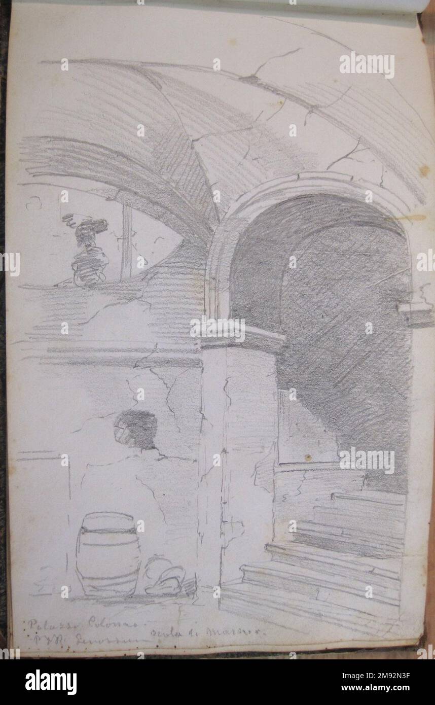 Libro di disegno Peter Frederick Rothermel (americano, 1817-1895). Schedario, 1857. Grafite con inchiostro e acquerello su crema, carta a trama leggera di peso medio, 5 11/16 x 8 5/8 x 3/8 pollici (14,4 x 21,9 x 1 cm). Questo quaderno di quarantadue pagine contiene disegni del pittore di storia Peter Frederick Rothermel di scene a Genazzano, Italia, a quaranta miglia ad est di Roma. Documentò l'architettura locale, la scultura, il paesaggio e le persone, includendo anche schizzi per argomenti narrativi. I costumi e la vita quotidiana dei cittadini sono catturati in diversi studi di figure abili, tra cui t Foto Stock