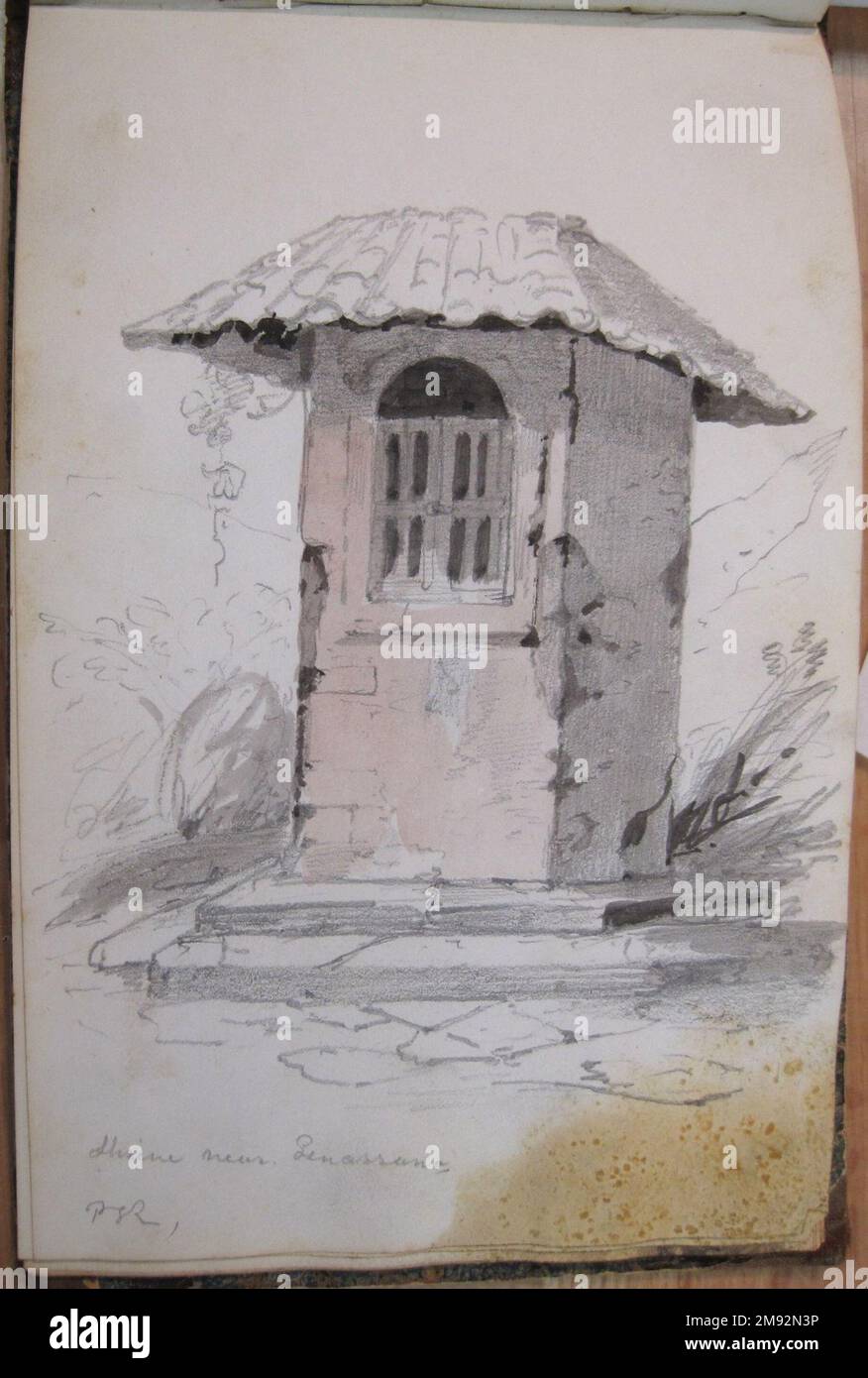 Libro di disegno Peter Frederick Rothermel (americano, 1817-1895). Schedario, 1857. Grafite con inchiostro e acquerello su crema, carta a trama leggera di peso medio, 5 11/16 x 8 5/8 x 3/8 pollici (14,4 x 21,9 x 1 cm). Questo quaderno di quarantadue pagine contiene disegni del pittore di storia Peter Frederick Rothermel di scene a Genazzano, Italia, a quaranta miglia ad est di Roma. Documentò l'architettura locale, la scultura, il paesaggio e le persone, includendo anche schizzi per argomenti narrativi. I costumi e la vita quotidiana dei cittadini sono catturati in diversi studi di figure abili, tra cui t Foto Stock
