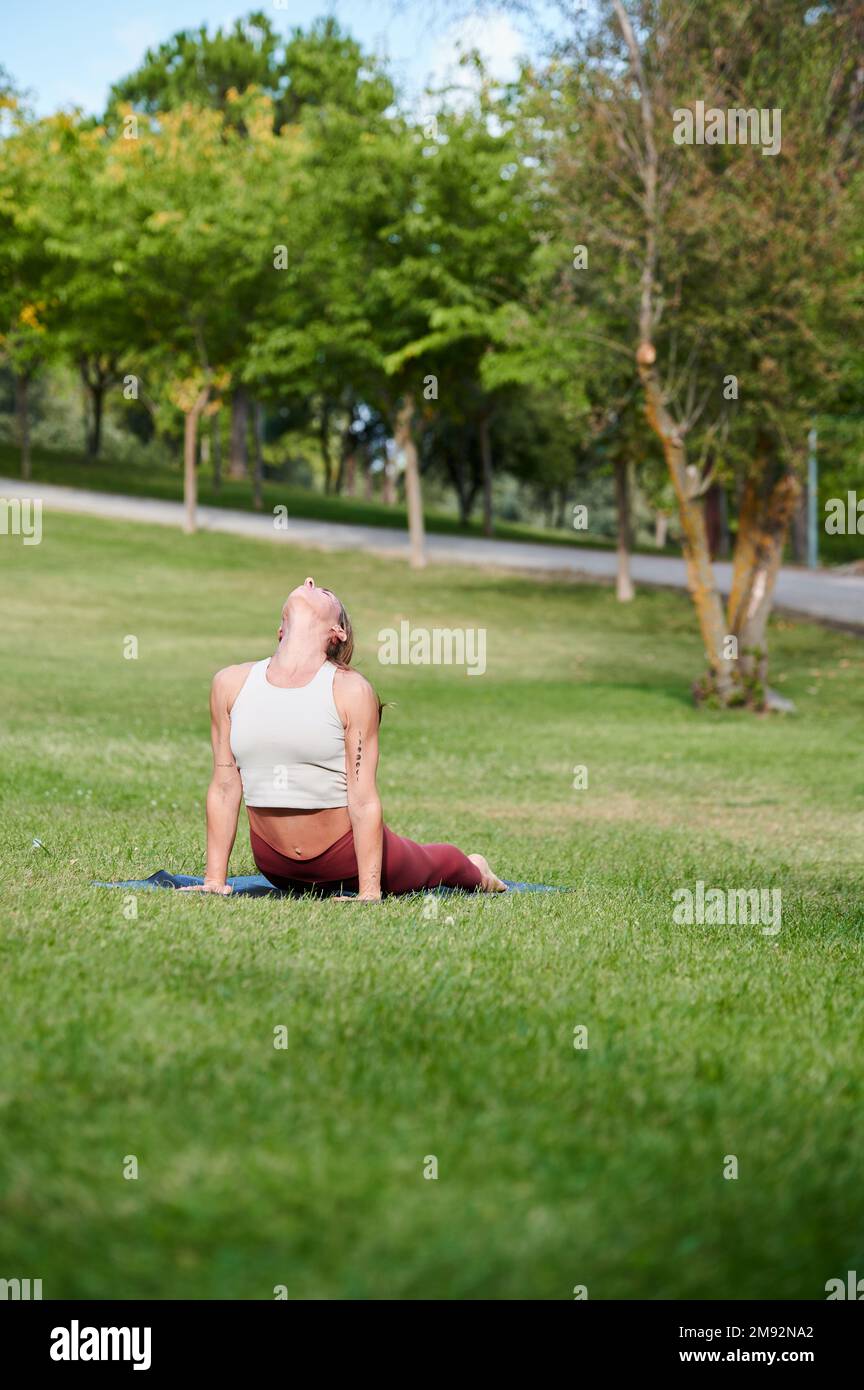 Corpo intero di donna in abbigliamento sportivo pratica yoga a Bhujangasana mentre si allenano sul prato verde durante la giornata estiva Foto Stock
