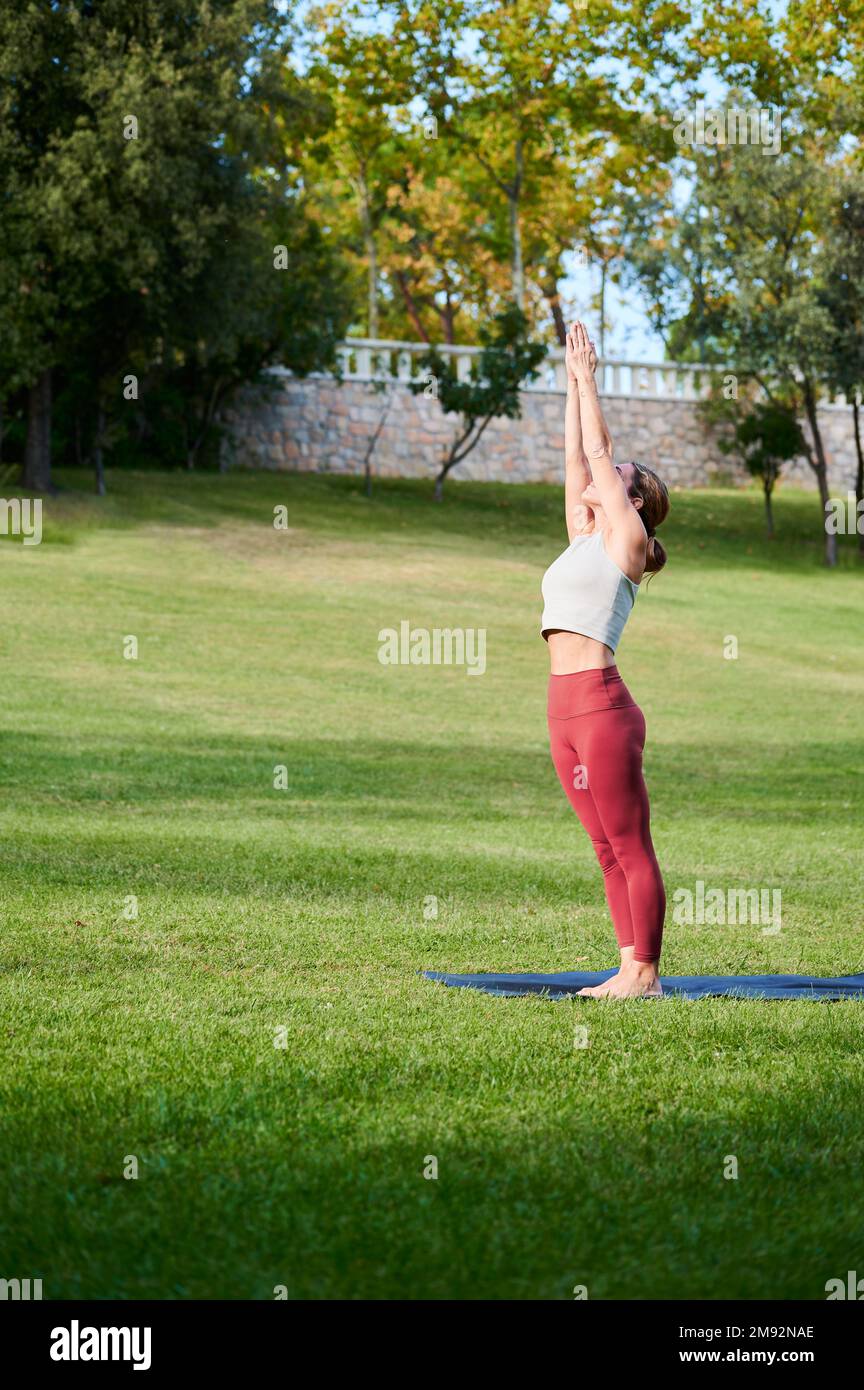 Scatto statico di FIT femminile in abbigliamento sportivo che fa la sequenza di Sun Salutation sul tappetino durante la sessione di yoga nel parco estivo Foto Stock