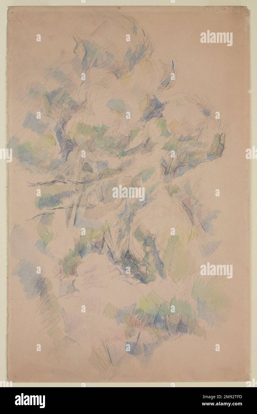Studio di alberi e rocce; Studio di alberi (verso) Paul Cézanne (francese, 1839-1906). Studio di alberi e rocce; Studio di alberi (verso), 1890-1895. Grafite e acquerello su carta per colate (recto); grafite (verso) , foglio: 19 1/2 x 12 5/8 poll. (49,5 x 32,1 cm). Qui, Paul Cézanne ha usato un campo stratificato di marchi di grafite e piani trasparenti di acquerello per descrivere fogliame e contorni naturali, con passaggi bianchi di carta che aumentano un senso di spazio e luce. I tratti di acquerello e le linee di grafite creano un ritmo armonioso attraverso la superficie del disegno. Cézanne usò disegni come questi, whic Foto Stock