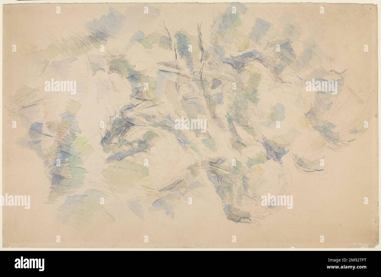 Studio di alberi e rocce; Studio di alberi (verso) Paul Cézanne (francese, 1839-1906). Studio di alberi e rocce; Studio di alberi (verso), 1890-1895. Grafite e acquerello su carta per colate (recto); grafite (verso) , foglio: 19 1/2 x 12 5/8 poll. (49,5 x 32,1 cm). Qui, Paul Cézanne ha usato un campo stratificato di marchi di grafite e piani trasparenti di acquerello per descrivere fogliame e contorni naturali, con passaggi bianchi di carta che aumentano un senso di spazio e luce. I tratti di acquerello e le linee di grafite creano un ritmo armonioso attraverso la superficie del disegno. Cézanne usò disegni come questi, whic Foto Stock